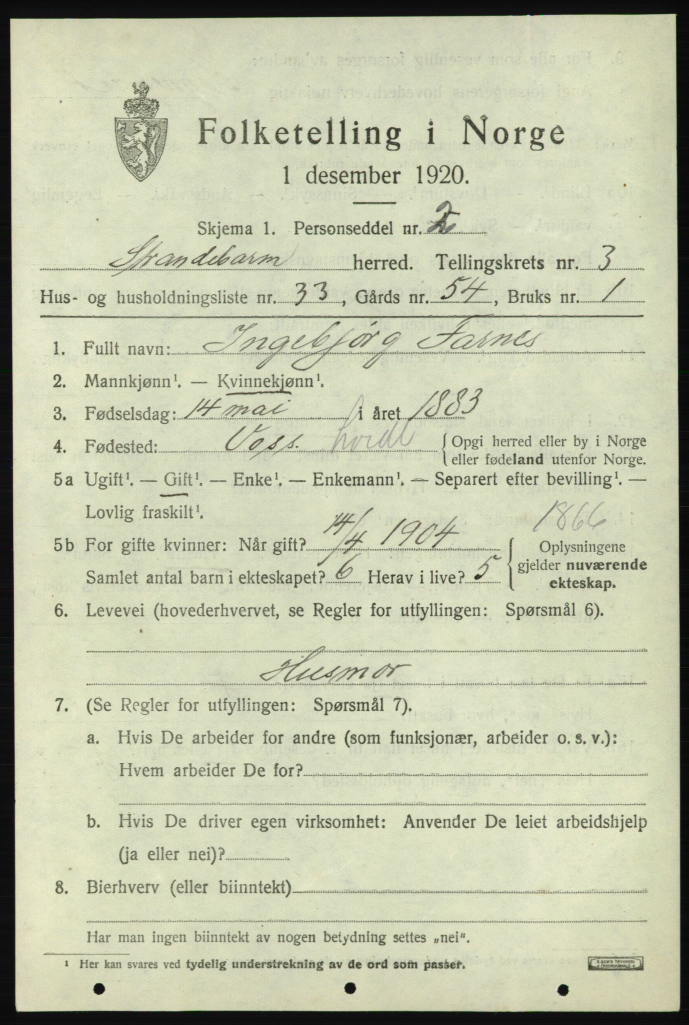 SAB, 1920 census for Strandebarm, 1920, p. 2924