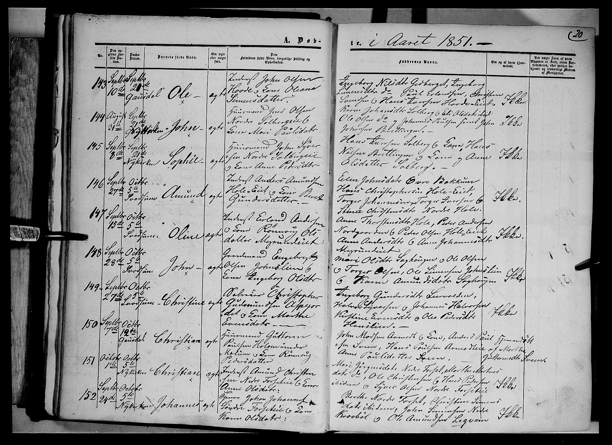 Gausdal prestekontor, AV/SAH-PREST-090/H/Ha/Haa/L0008: Parish register (official) no. 8, 1850-1861, p. 20