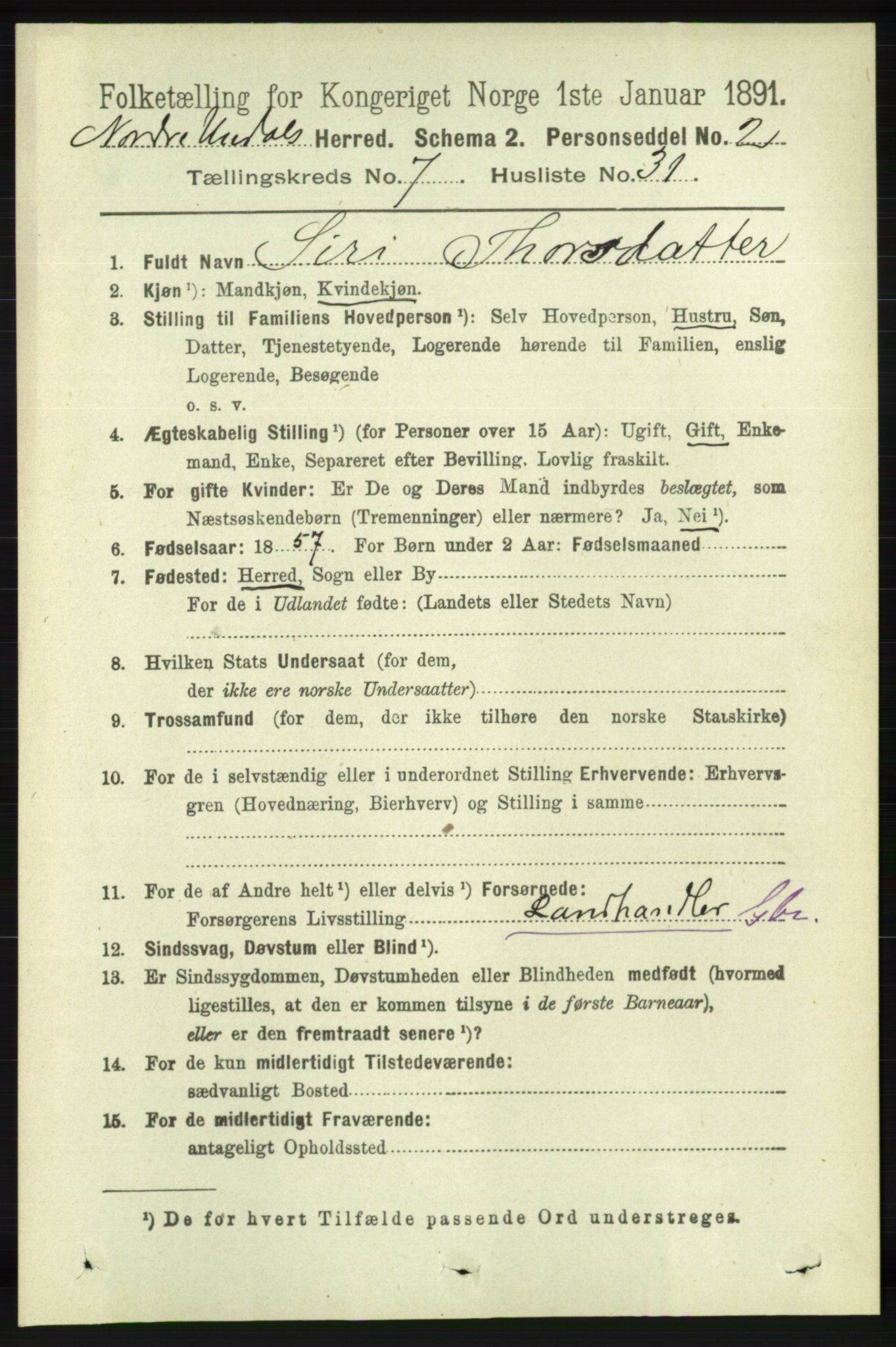 RA, 1891 census for 1028 Nord-Audnedal, 1891, p. 1973