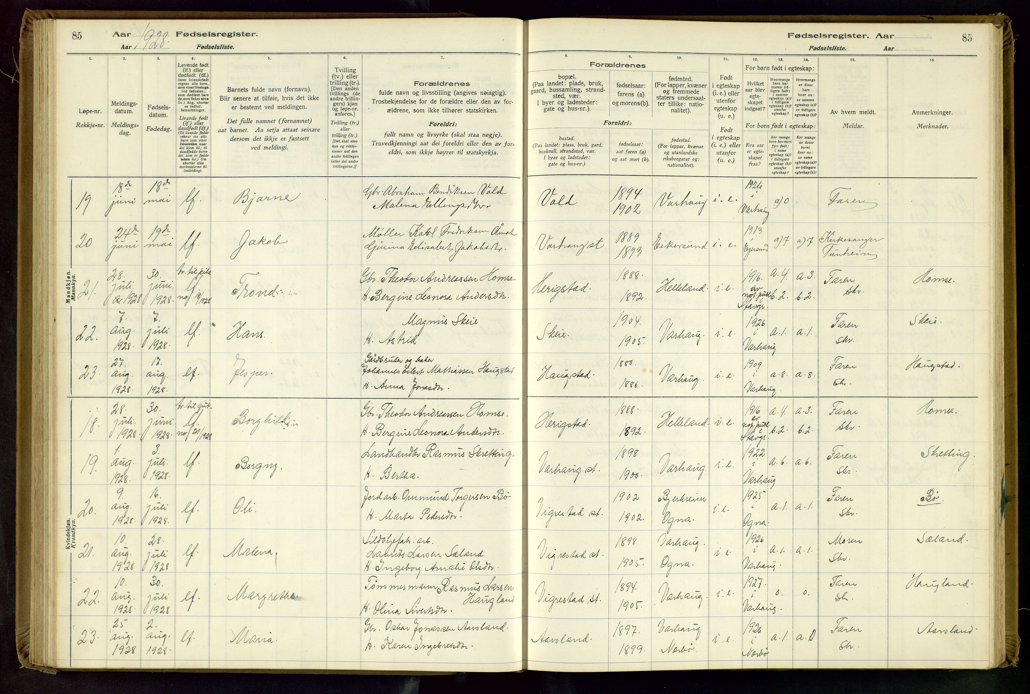Hå sokneprestkontor, AV/SAST-A-101801/001/704BA/L0001: Birth register no. 1, 1916-1944, p. 85
