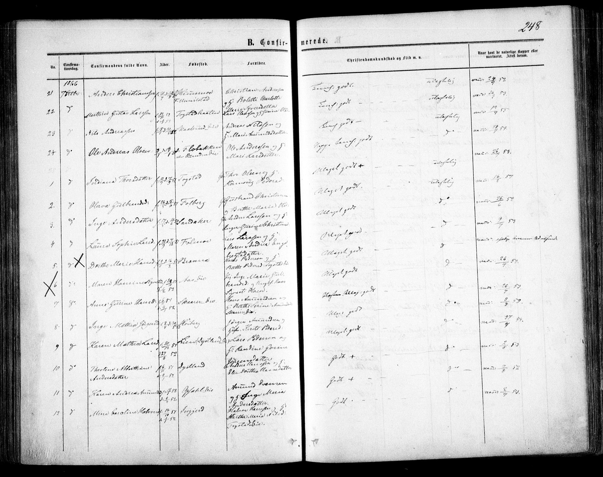 Nes prestekontor Kirkebøker, SAO/A-10410/F/Fa/L0008: Parish register (official) no. I 8, 1859-1874, p. 248