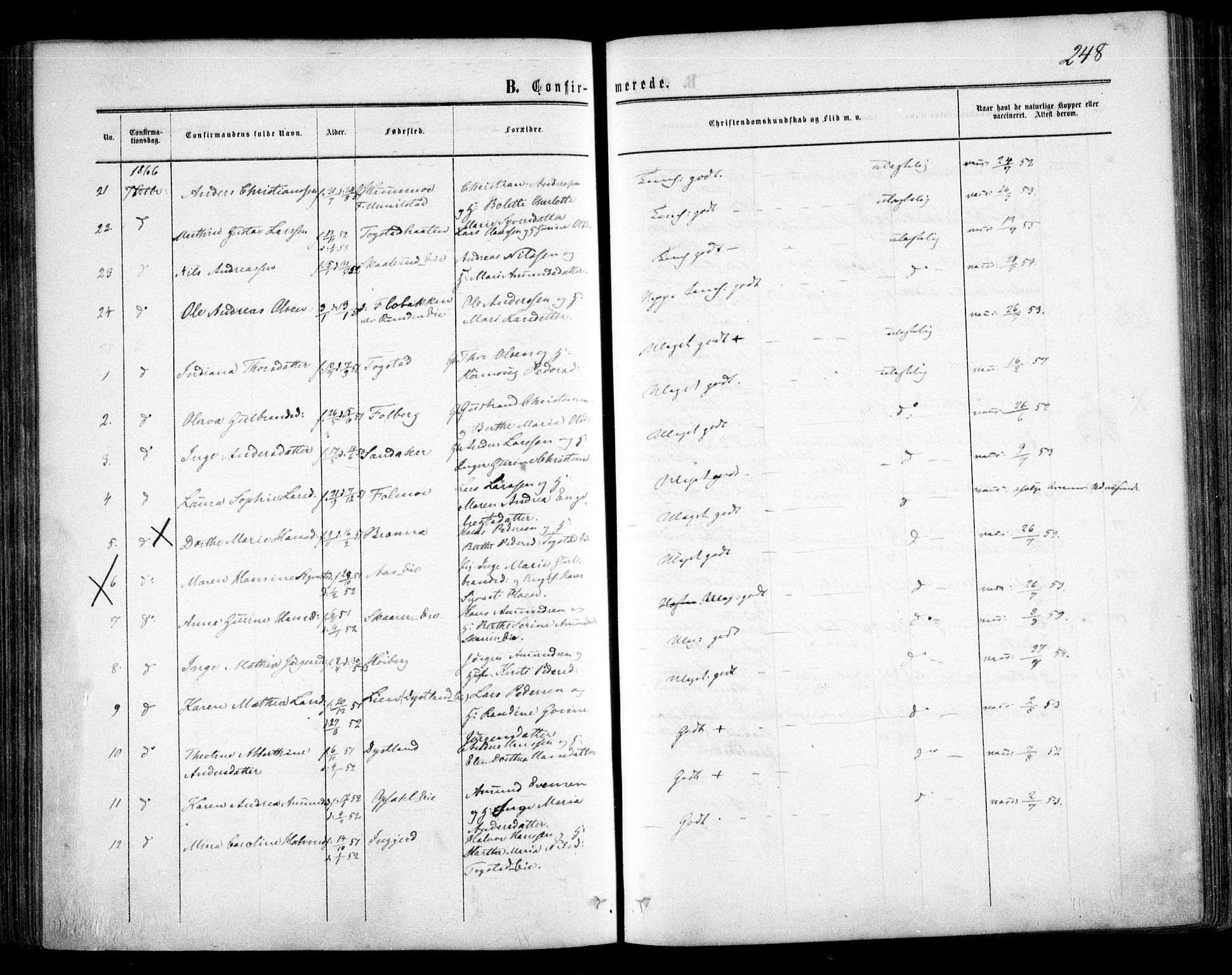 Nes prestekontor Kirkebøker, AV/SAO-A-10410/F/Fa/L0008: Parish register (official) no. I 8, 1859-1874, p. 248