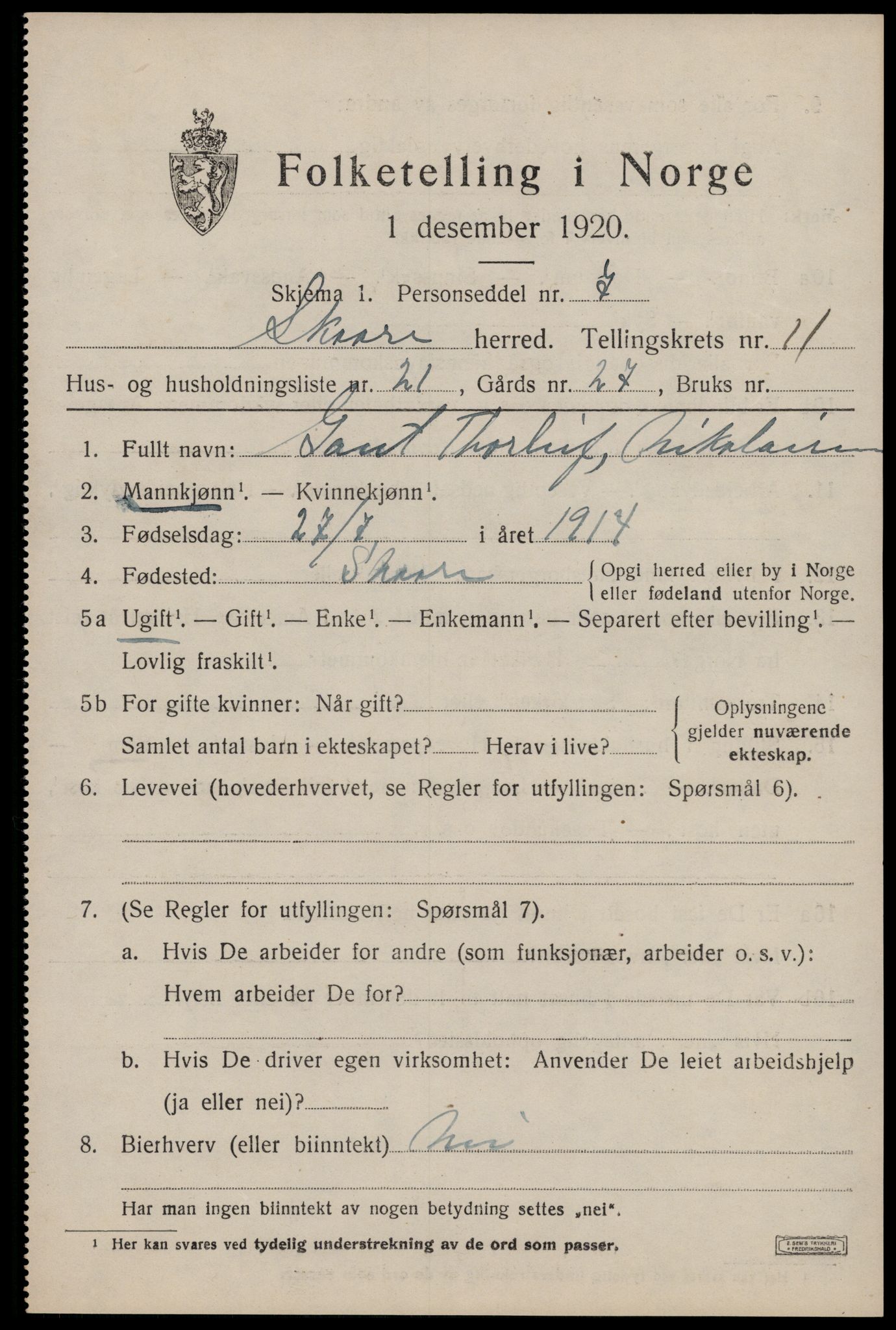 SAST, 1920 census for Skåre, 1920, p. 8476