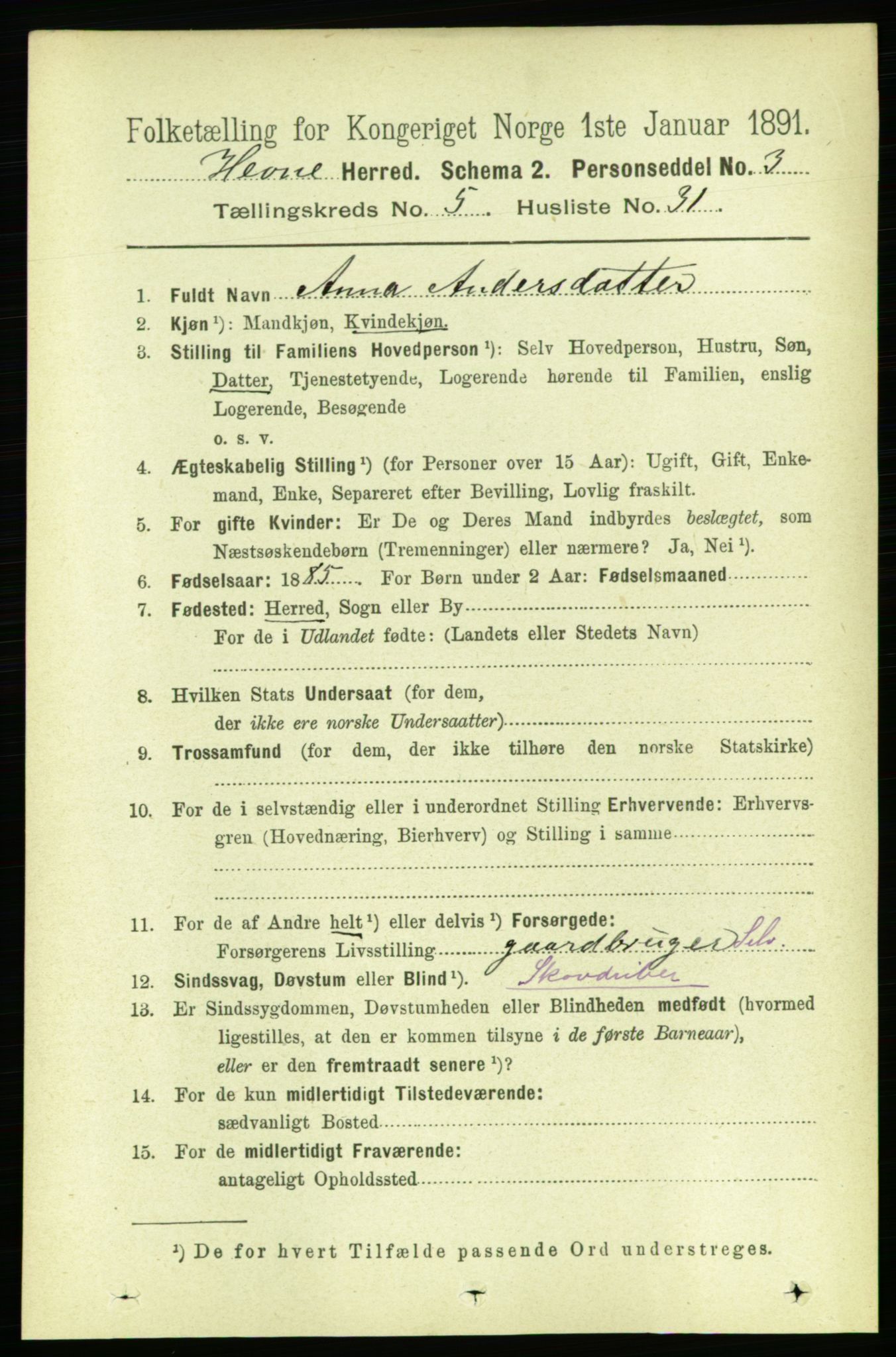 RA, 1891 census for 1612 Hemne, 1891, p. 2662