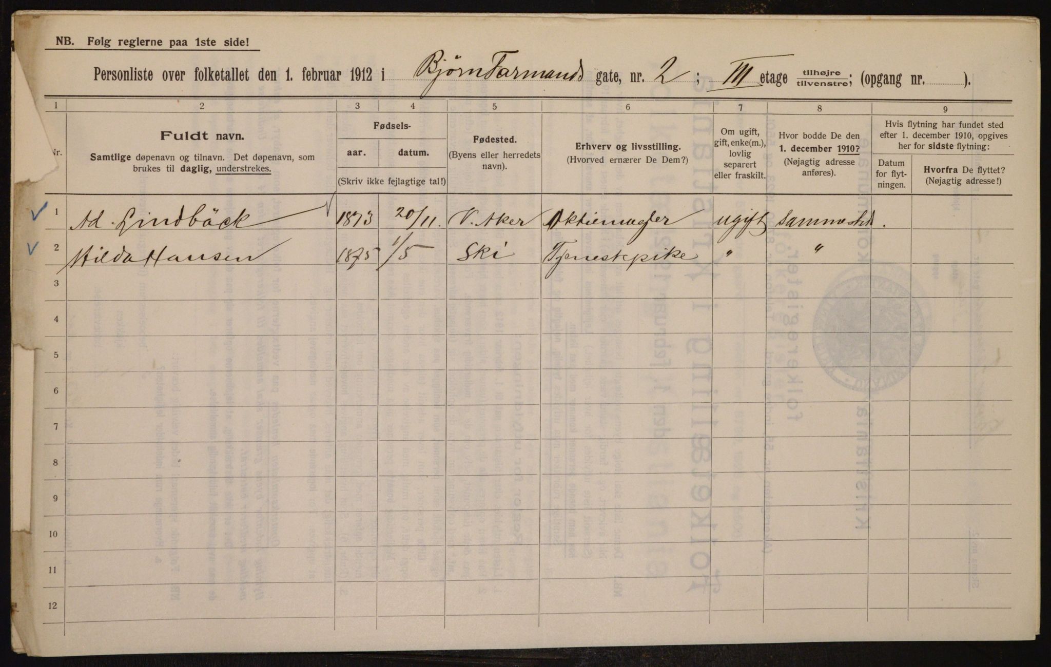 OBA, Municipal Census 1912 for Kristiania, 1912, p. 6453