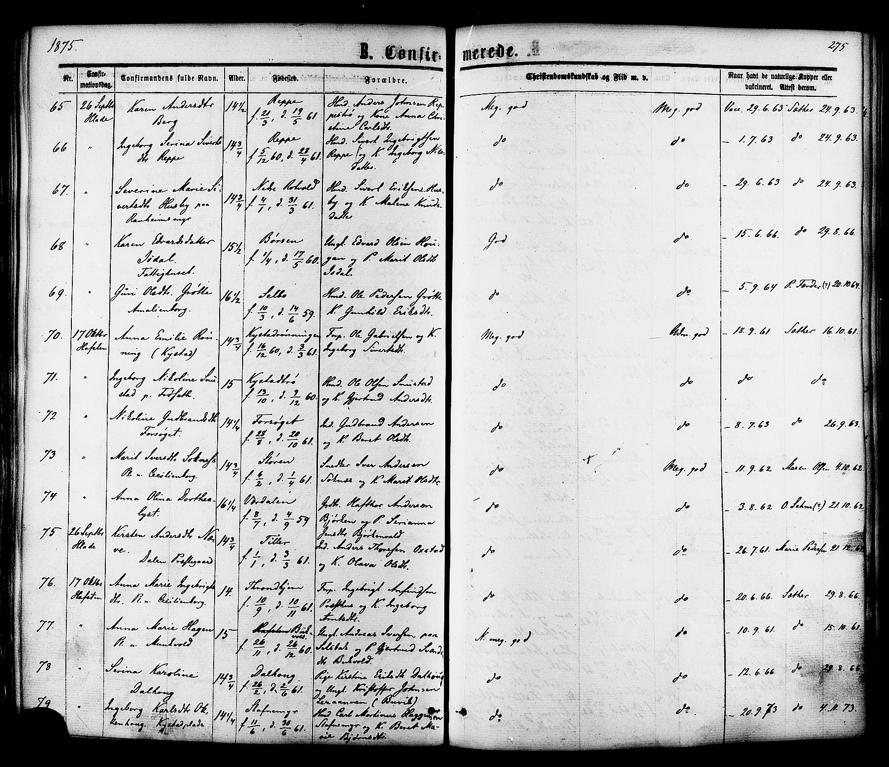 Ministerialprotokoller, klokkerbøker og fødselsregistre - Sør-Trøndelag, SAT/A-1456/606/L0293: Parish register (official) no. 606A08, 1866-1877, p. 275