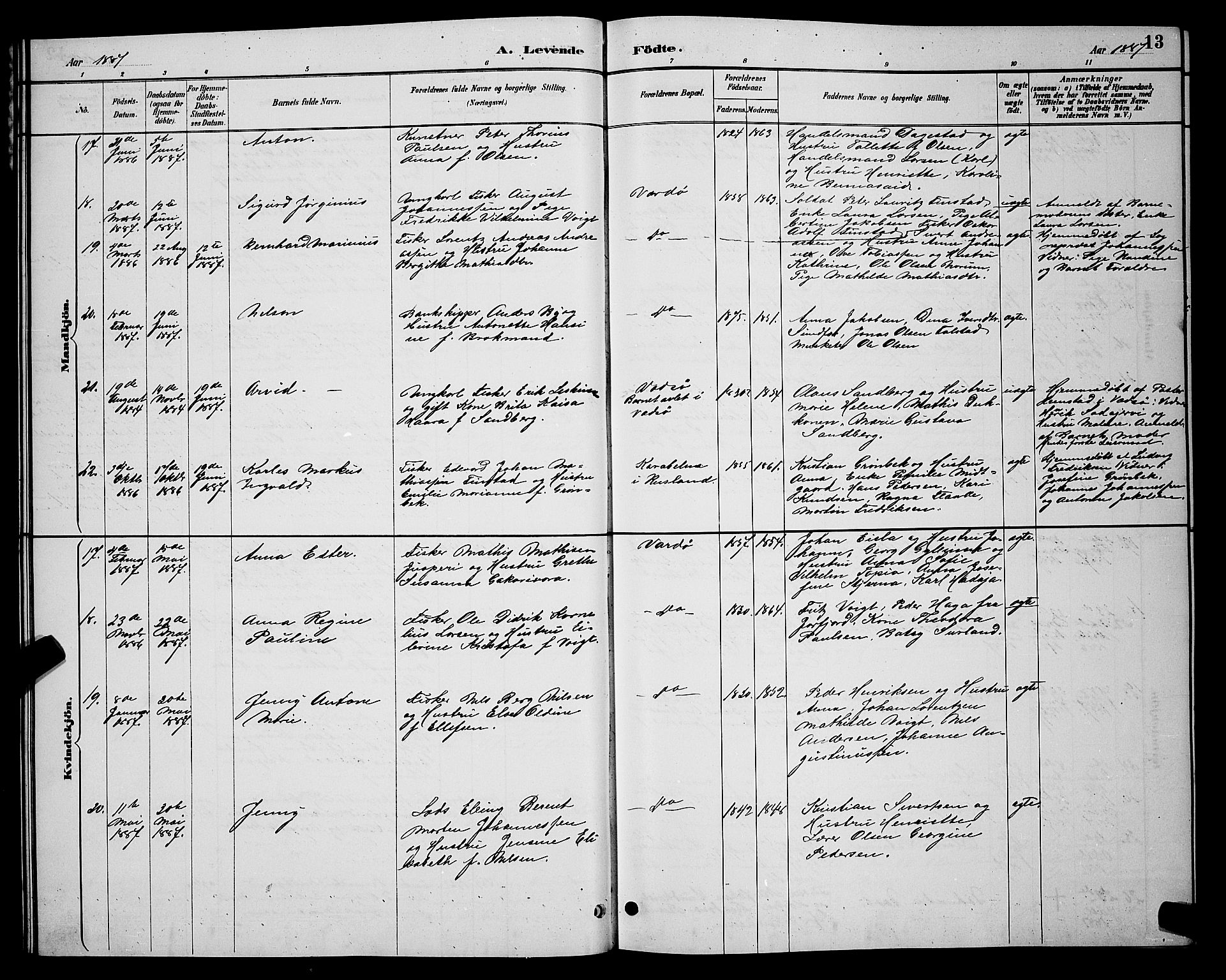 Vardø sokneprestkontor, AV/SATØ-S-1332/H/Hb/L0005klokker: Parish register (copy) no. 5, 1887-1892, p. 13