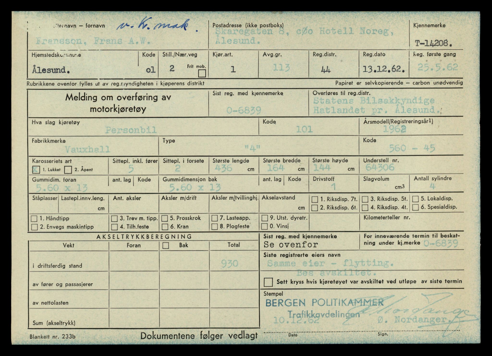 Møre og Romsdal vegkontor - Ålesund trafikkstasjon, AV/SAT-A-4099/F/Fe/L0044: Registreringskort for kjøretøy T 14205 - T 14319, 1927-1998, p. 95
