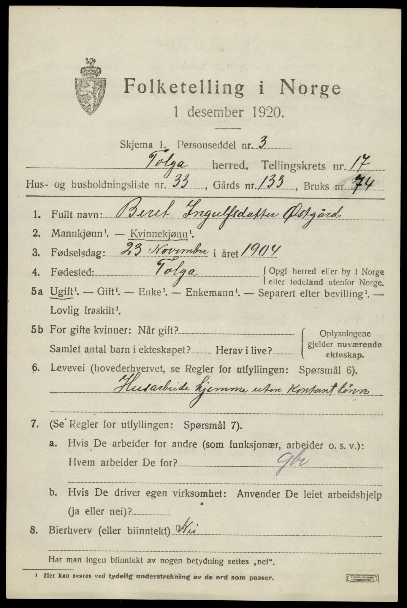 SAH, 1920 census for Tolga, 1920, p. 8155