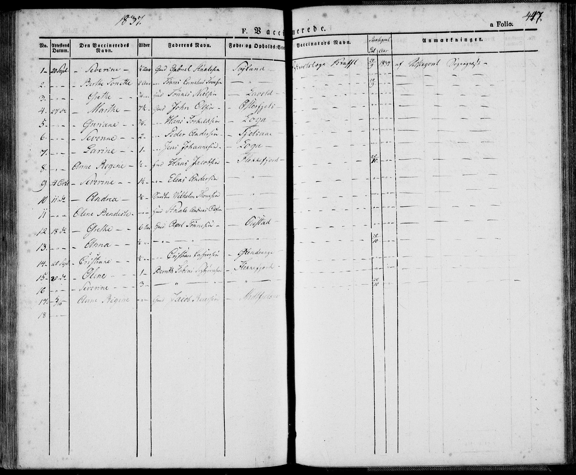 Flekkefjord sokneprestkontor, SAK/1111-0012/F/Fa/Fac/L0003: Parish register (official) no. A 3, 1826-1841, p. 447