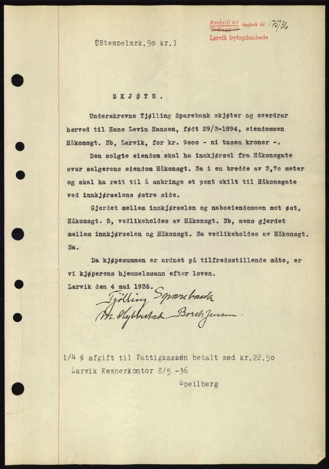Larvik sorenskriveri, SAKO/A-83/G/Ga/Gab/L0067: Mortgage book no. A-1, 1936-1937, Diary no: : 175/1936