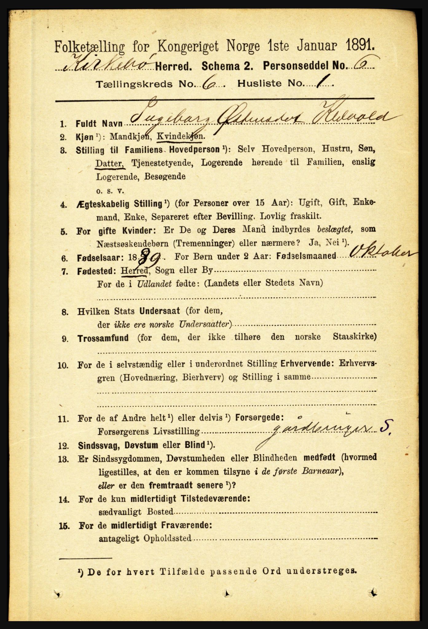 RA, 1891 census for 1416 Kyrkjebø, 1891, p. 1380