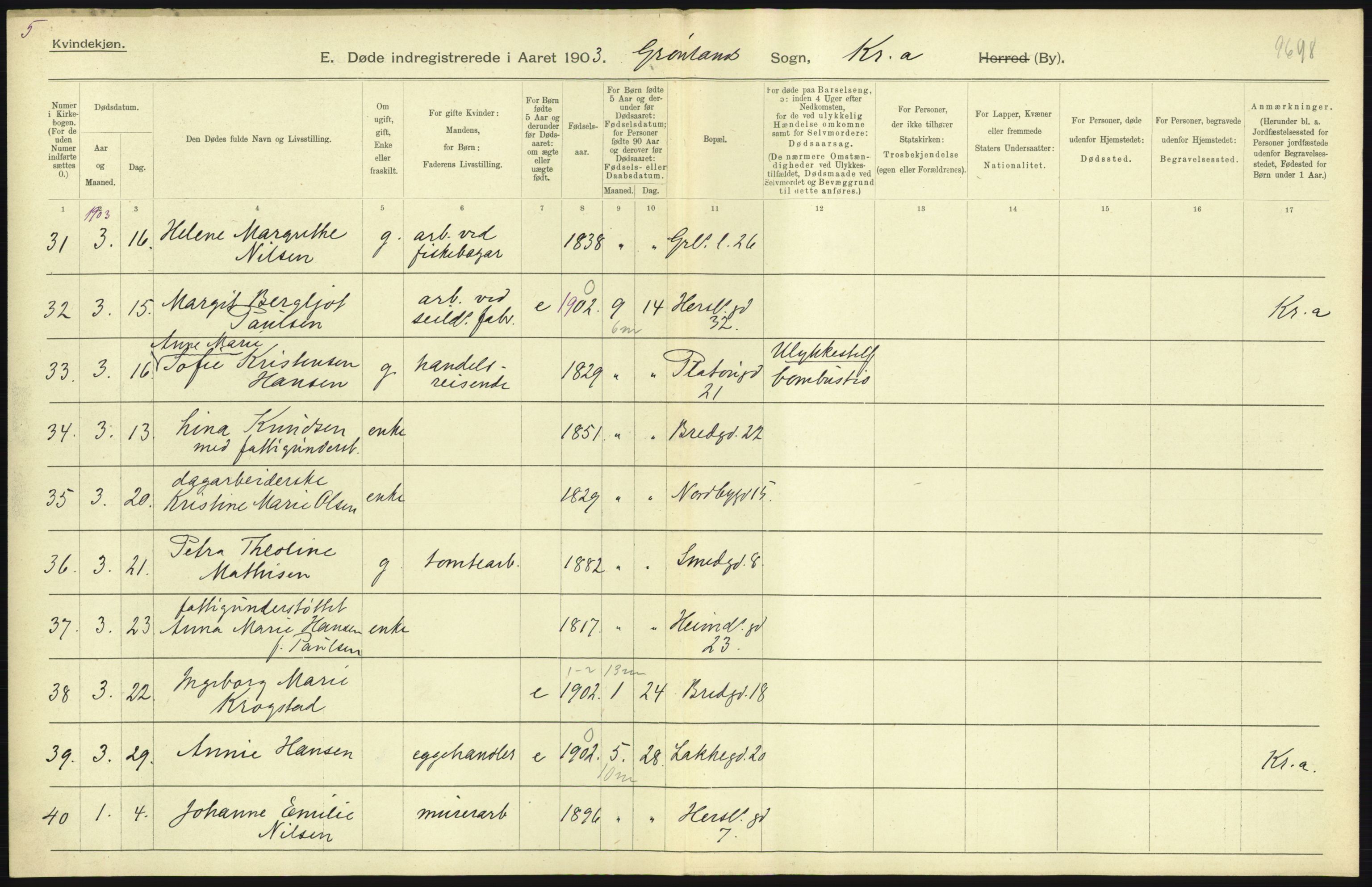 Statistisk sentralbyrå, Sosiodemografiske emner, Befolkning, AV/RA-S-2228/D/Df/Dfa/Dfaa/L0004: Kristiania: Gifte, døde, 1903, p. 383