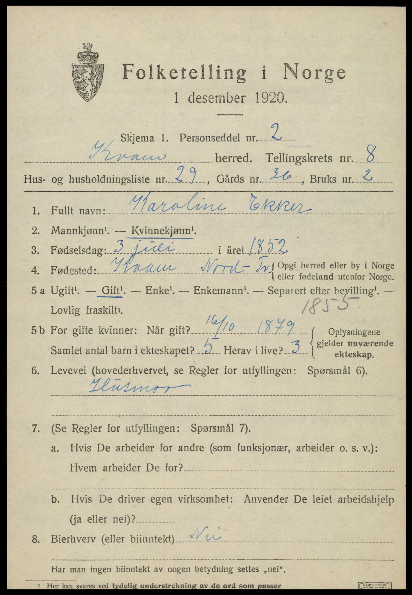 SAT, 1920 census for Kvam, 1920, p. 2315