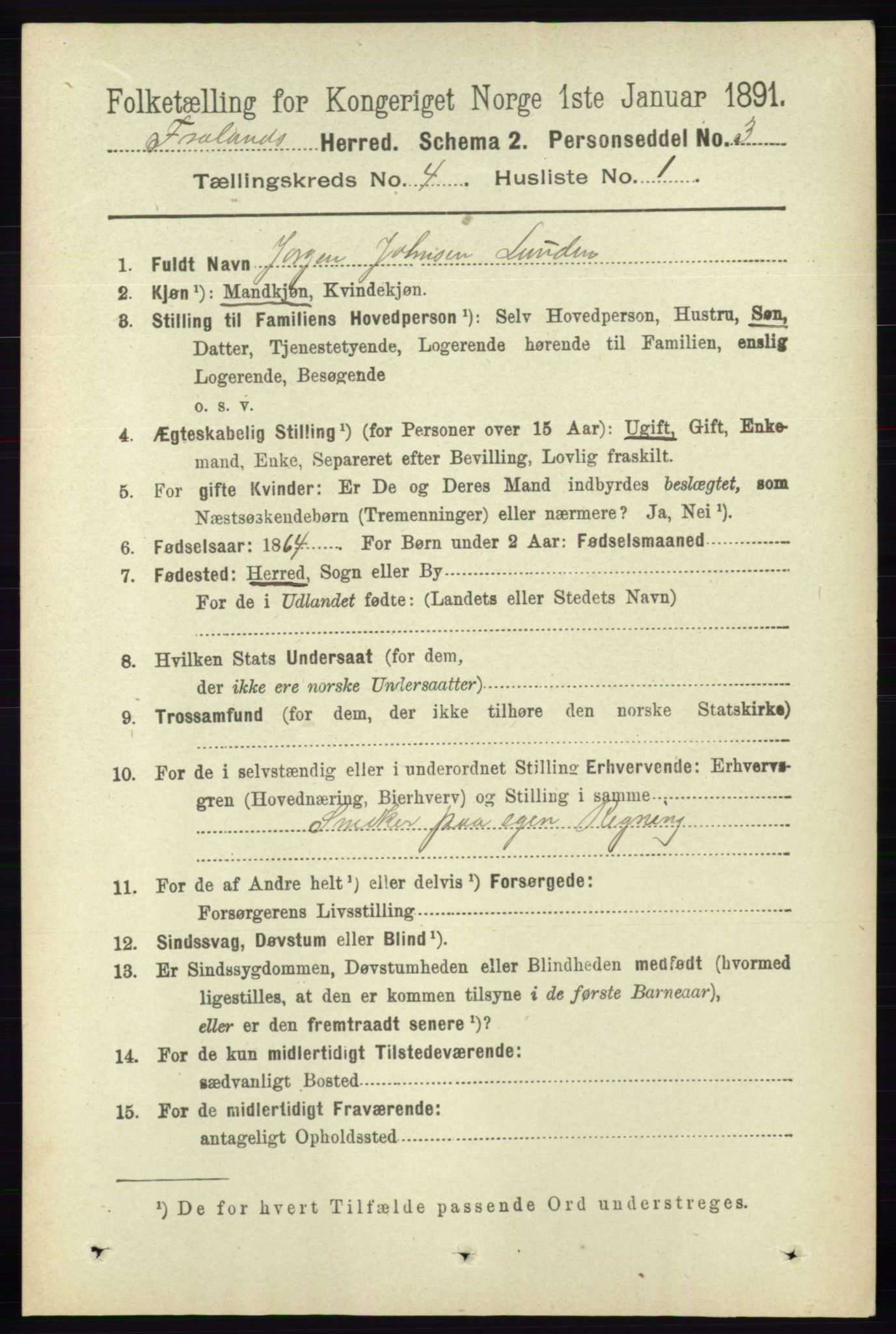 RA, 1891 census for 0919 Froland, 1891, p. 1389