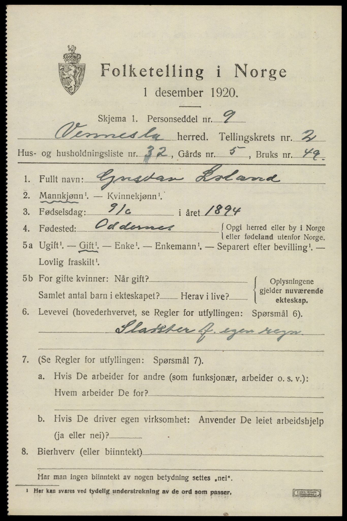 SAK, 1920 census for Vennesla, 1920, p. 1894