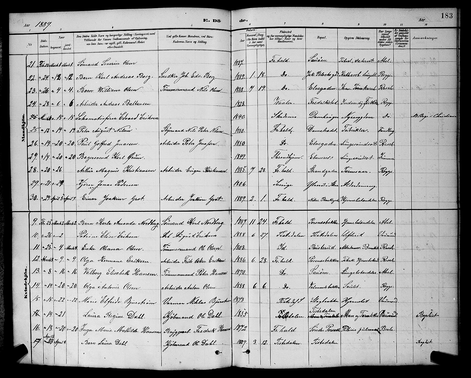 Halden prestekontor Kirkebøker, AV/SAO-A-10909/G/Ga/L0009: Parish register (copy) no. 9, 1885-1908, p. 183