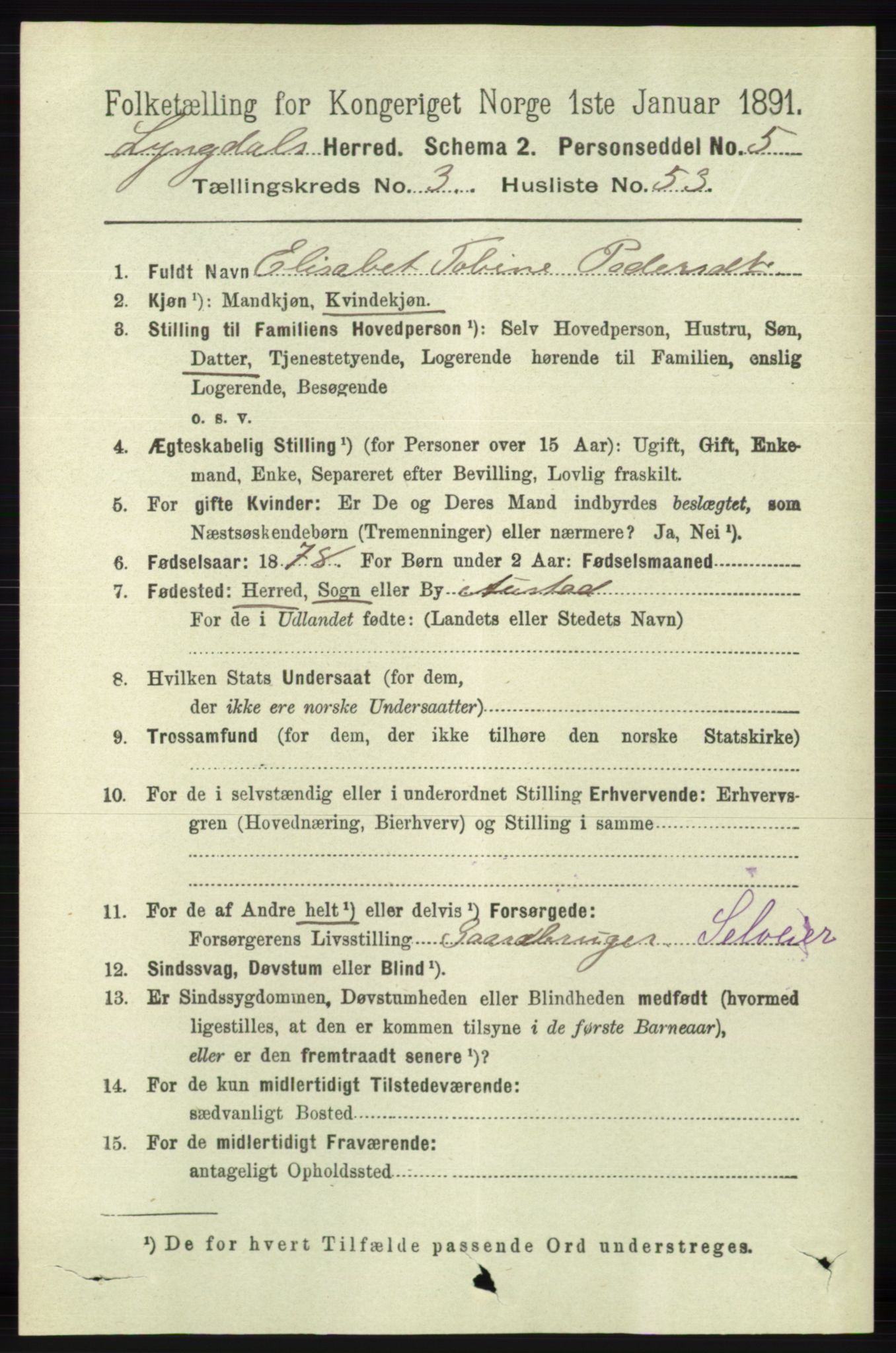 RA, 1891 census for 1032 Lyngdal, 1891, p. 1346