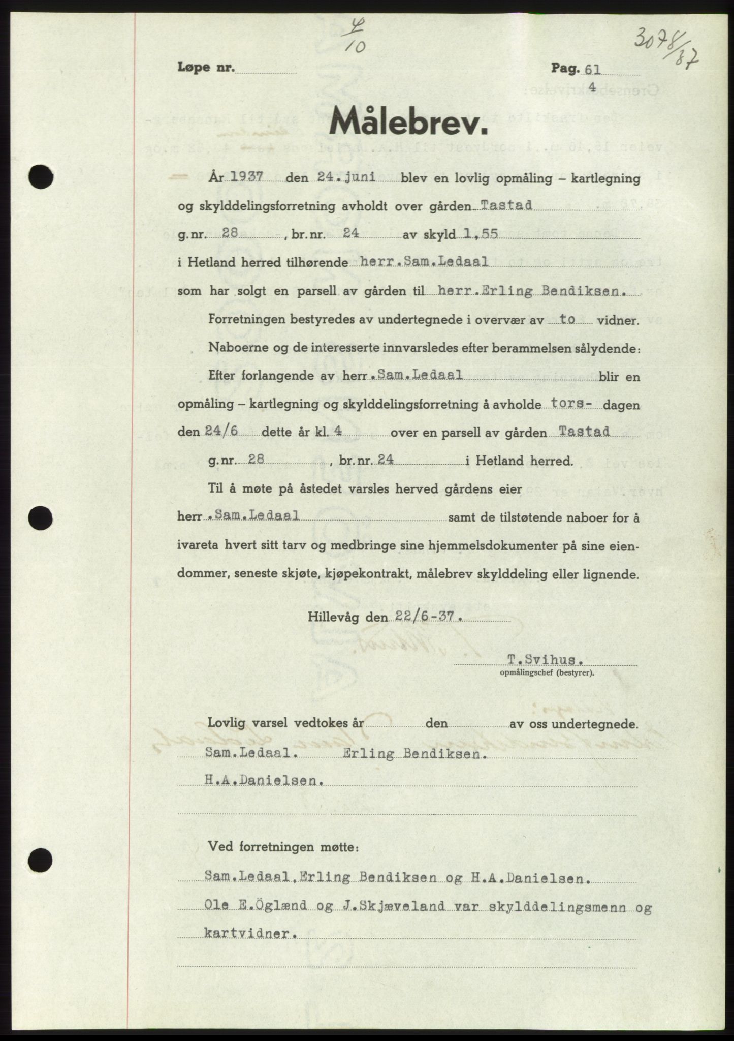 Jæren sorenskriveri, SAST/A-100310/03/G/Gba/L0069: Mortgage book, 1937-1937, Diary no: : 3078/1937