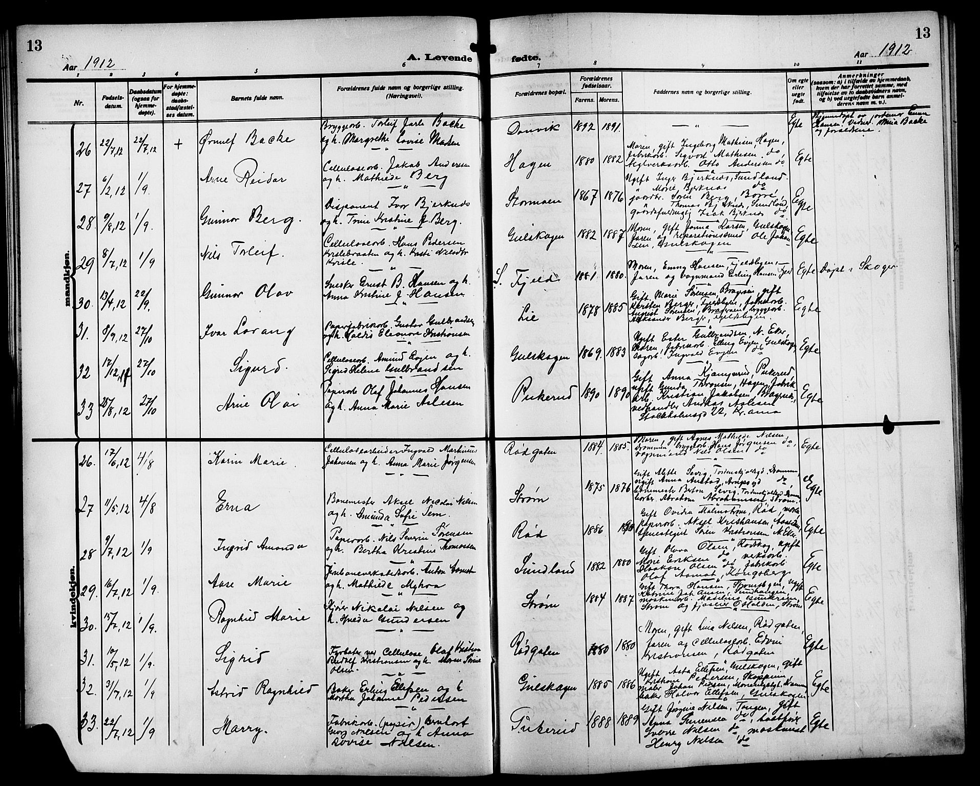 Strømsgodset kirkebøker, AV/SAKO-A-324/G/Ga/L0003: Parish register (copy) no. 3, 1911-1926, p. 13