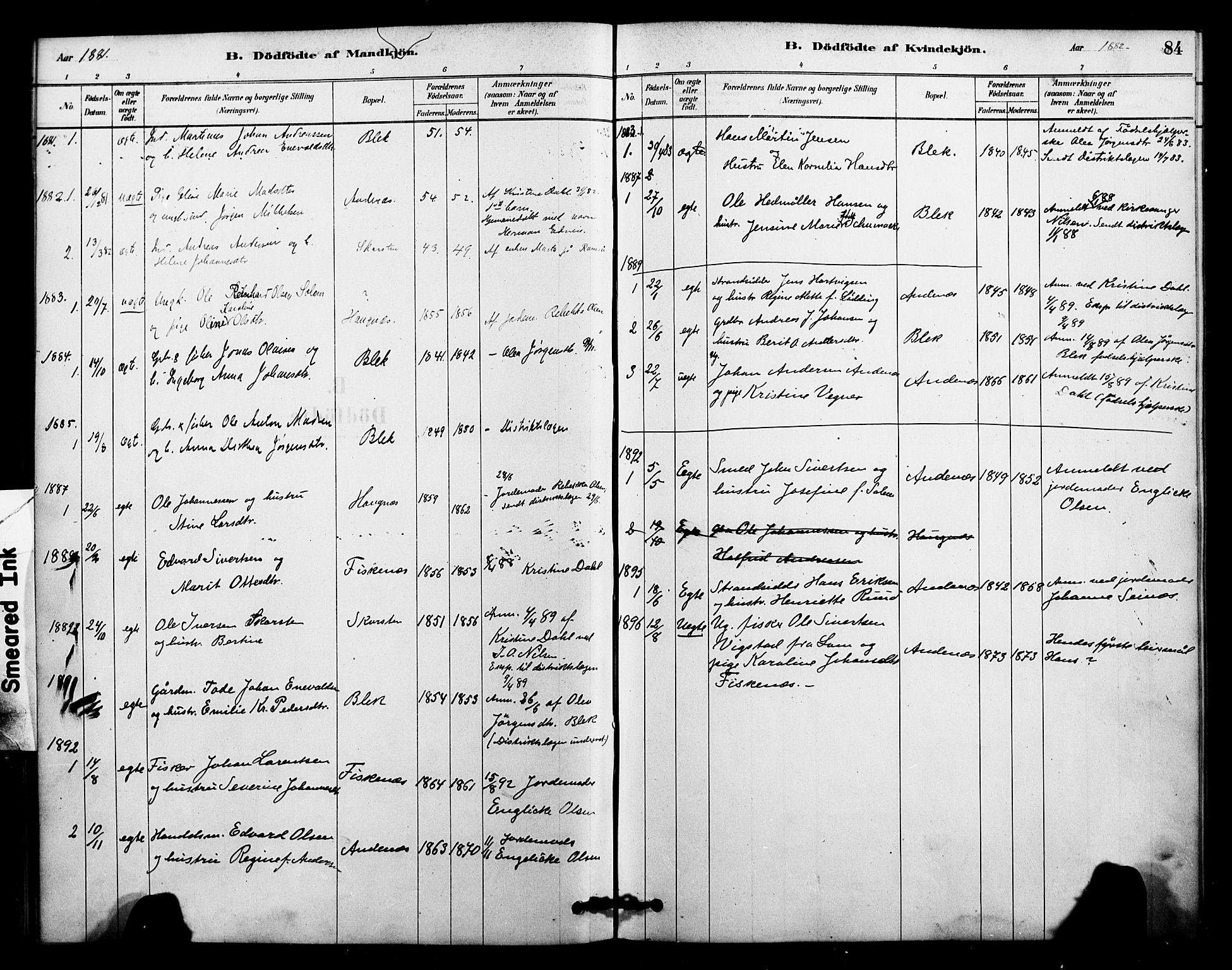 Ministerialprotokoller, klokkerbøker og fødselsregistre - Nordland, SAT/A-1459/899/L1436: Parish register (official) no. 899A04, 1881-1896, p. 84