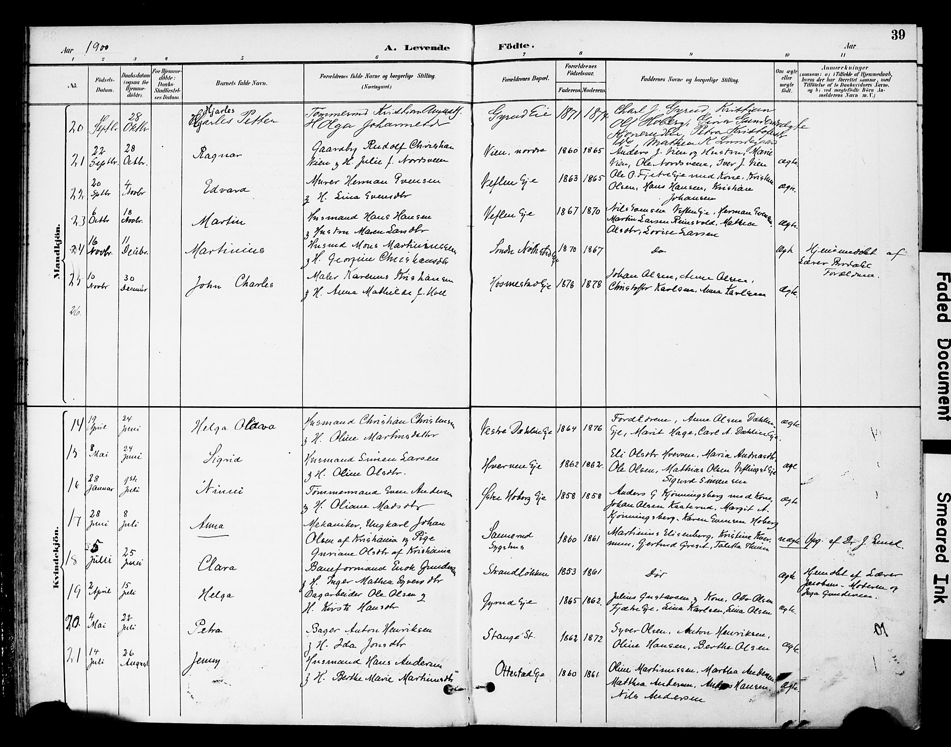 Stange prestekontor, AV/SAH-PREST-002/K/L0021: Parish register (official) no. 21, 1891-1902, p. 39