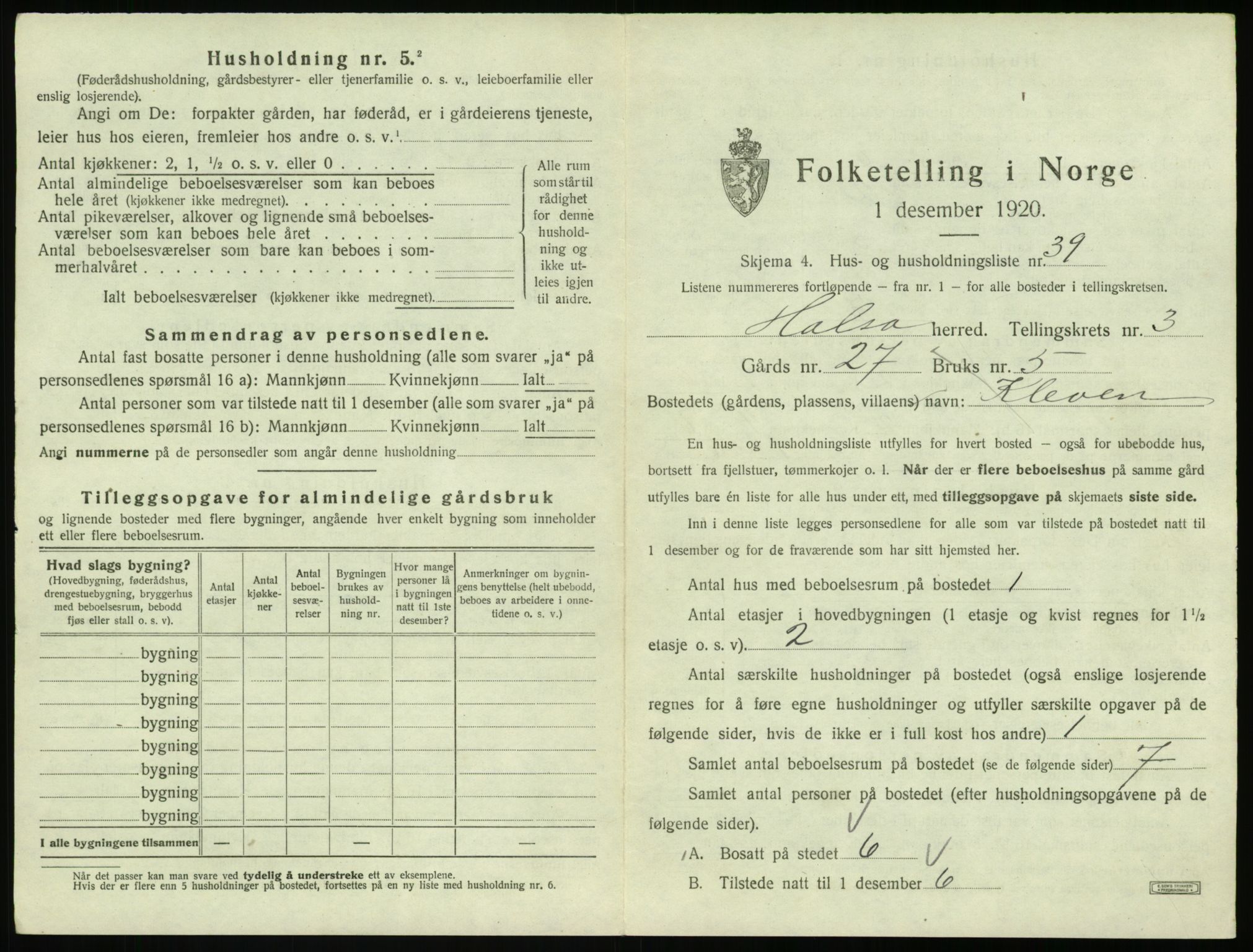 SAT, 1920 census for Halsa, 1920, p. 220