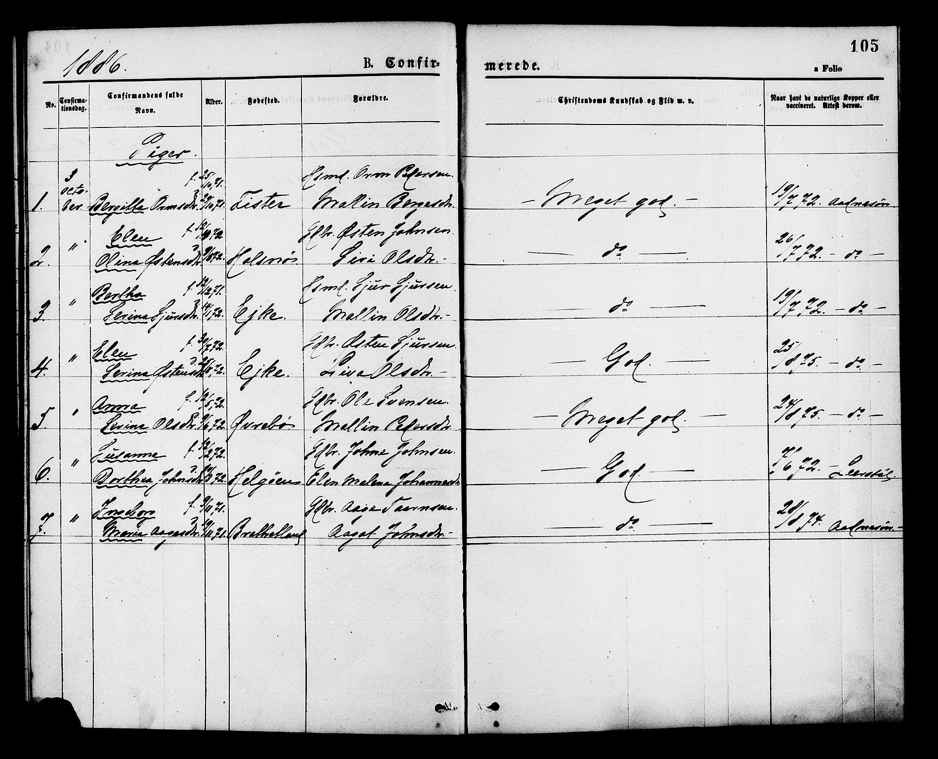 Hjelmeland sokneprestkontor, SAST/A-101843/01/IV/L0013: Parish register (official) no. A 13, 1872-1886, p. 105