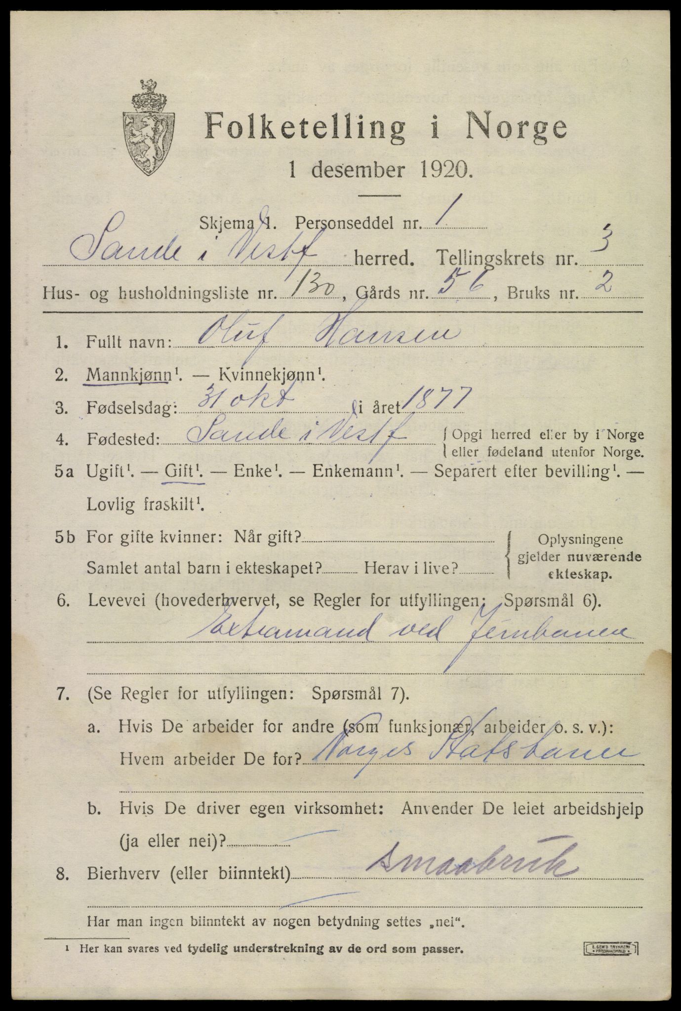 SAKO, 1920 census for Sande, 1920, p. 5606