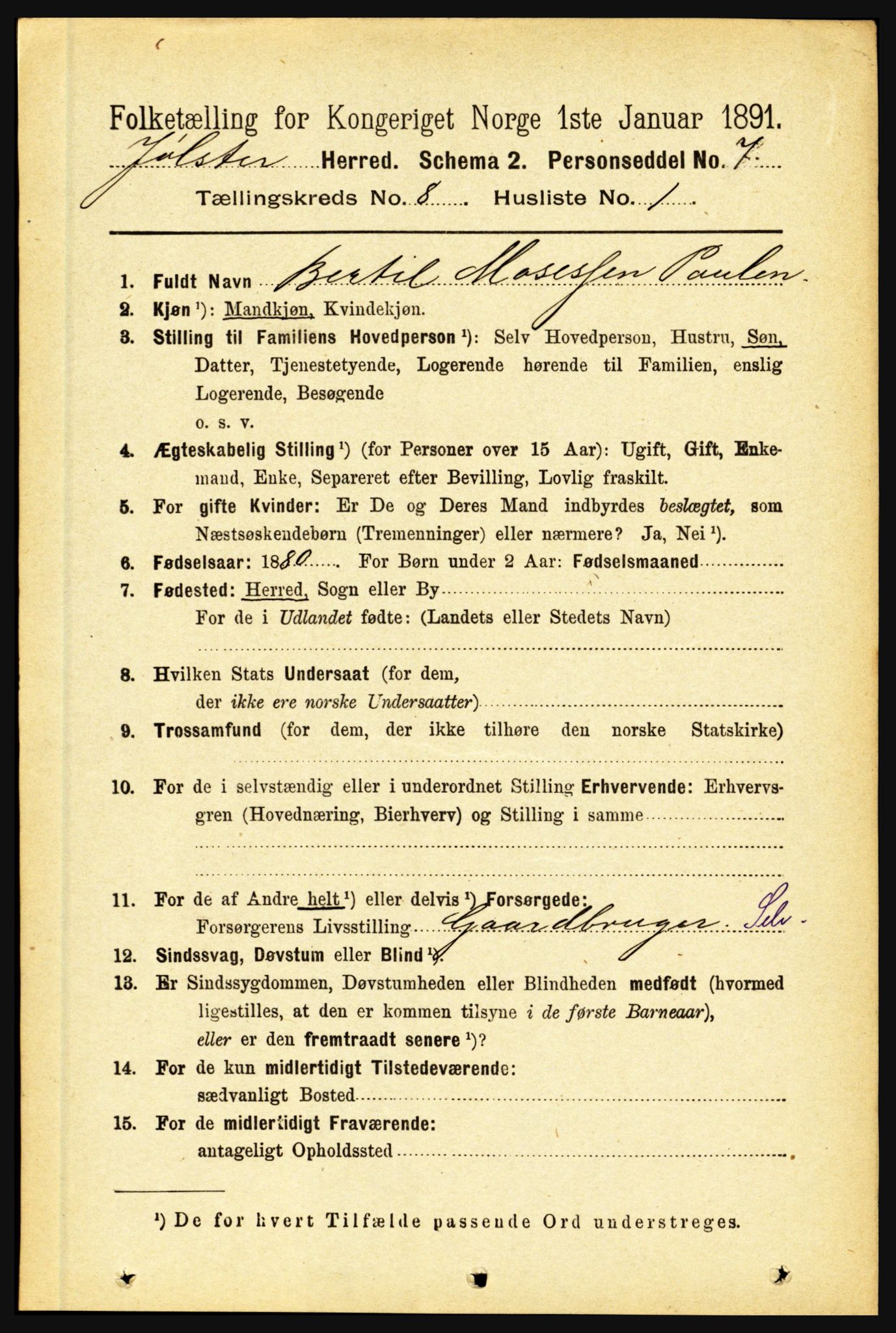 RA, 1891 census for 1431 Jølster, 1891, p. 2809