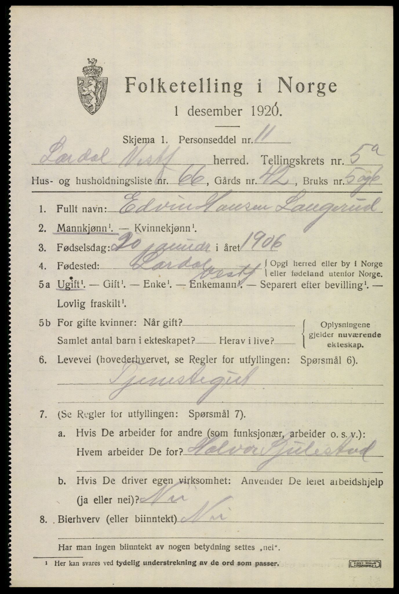 SAKO, 1920 census for Lardal, 1920, p. 5209