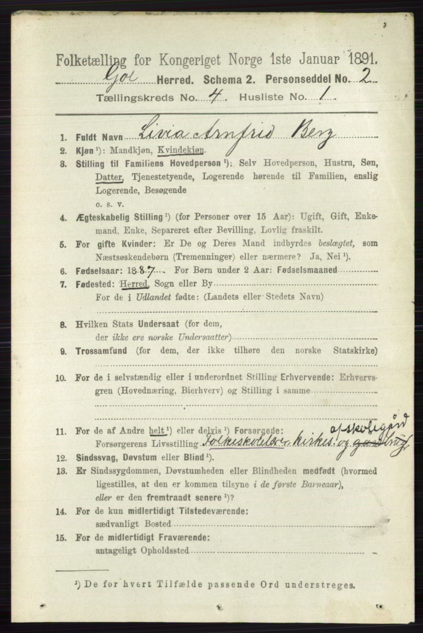 RA, 1891 census for 0617 Gol og Hemsedal, 1891, p. 1819