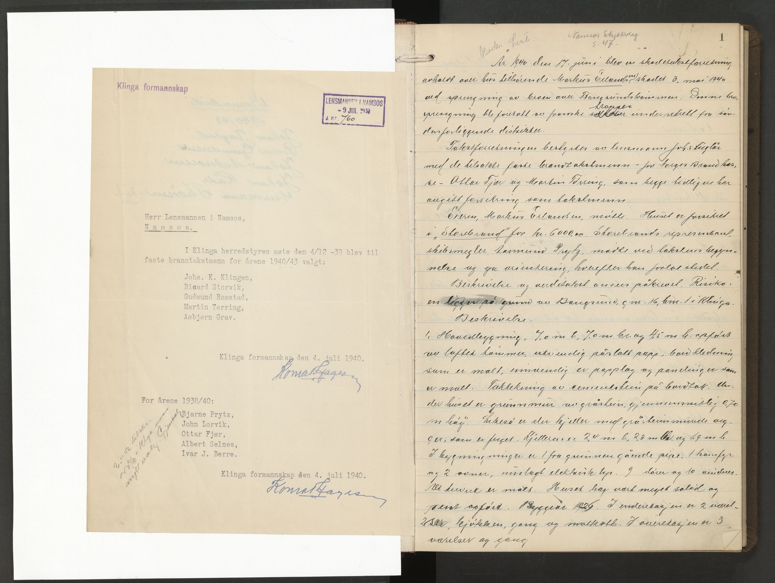 Norges Brannkasse Namsos, AV/SAT-A-5596/Fa/L0001: Branntakstprotokoll, 1940-1953