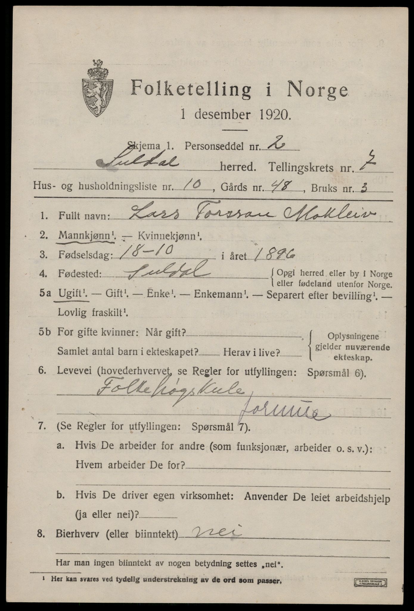 SAST, 1920 census for Suldal, 1920, p. 1846