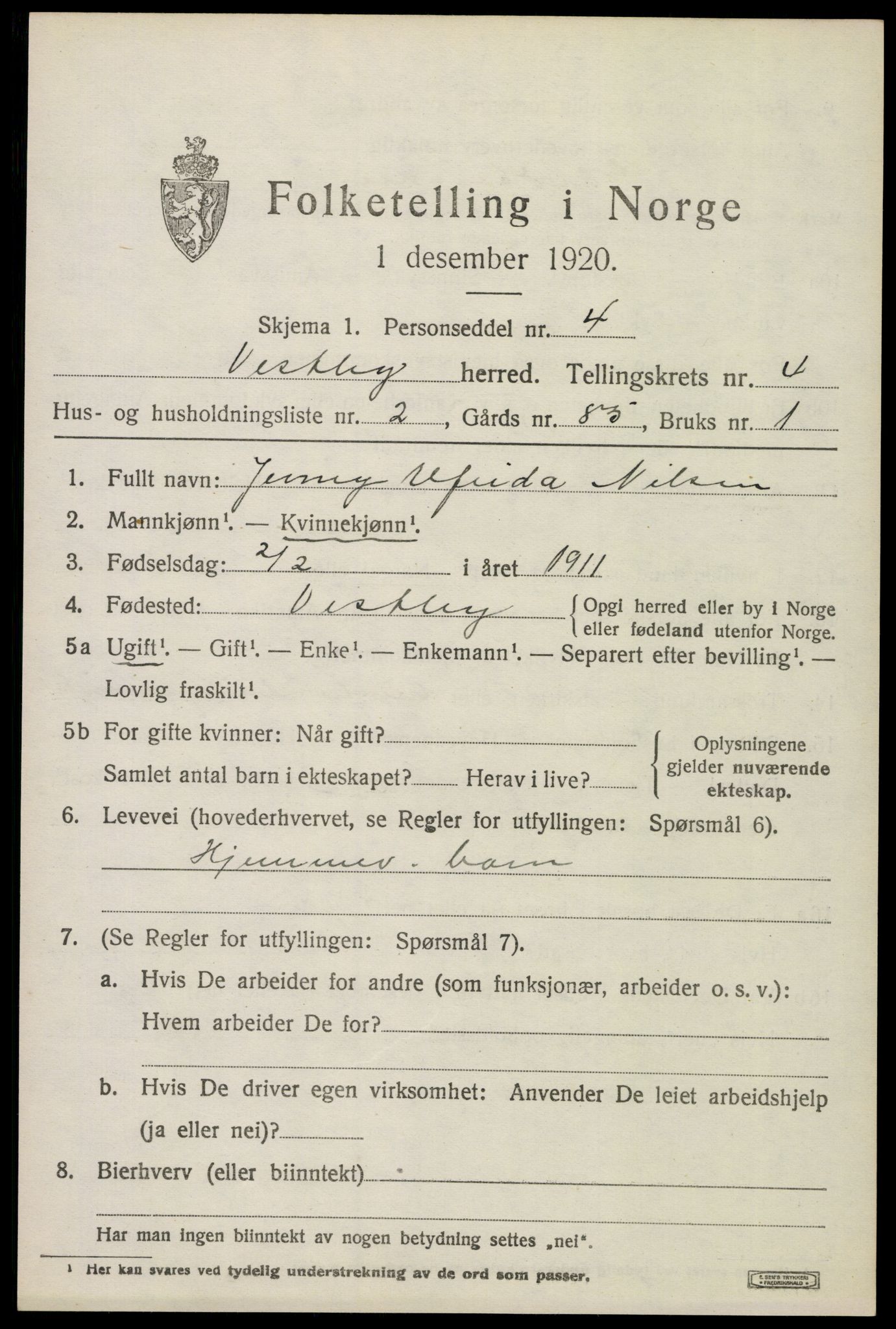 SAO, 1920 census for Vestby, 1920, p. 4481