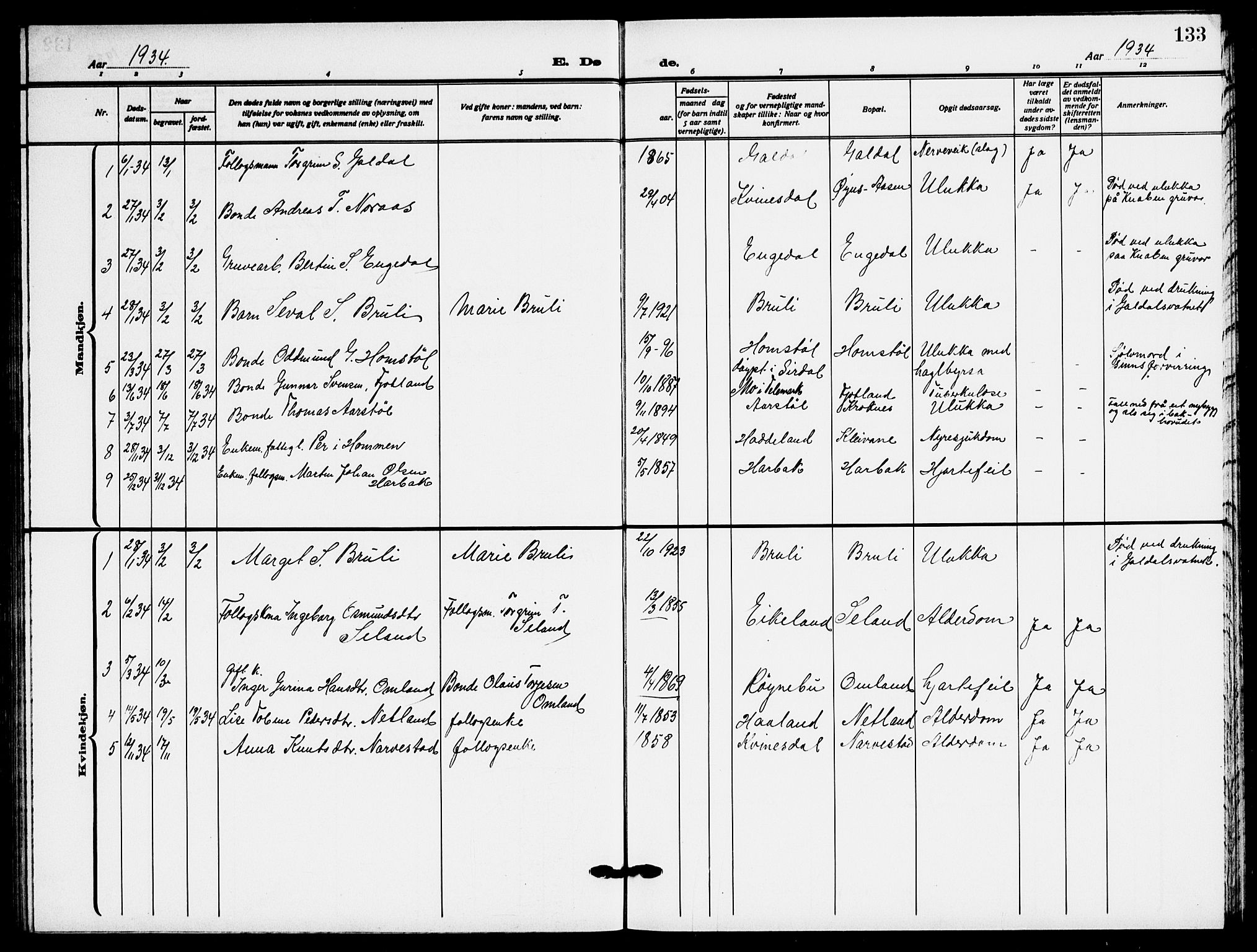 Fjotland sokneprestkontor, AV/SAK-1111-0010/F/Fb/L0004: Parish register (copy) no. B 4, 1925-1941, p. 133