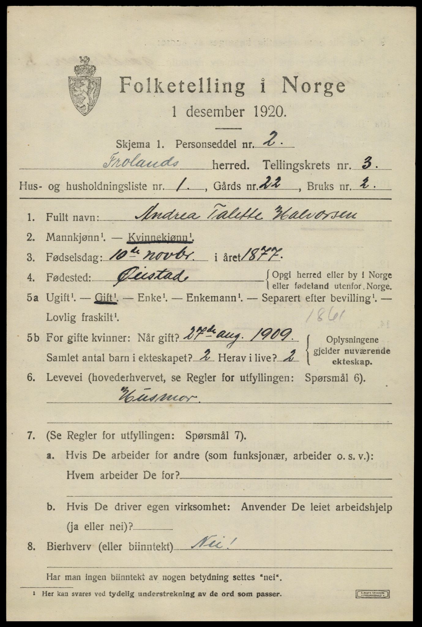 SAK, 1920 census for Froland, 1920, p. 2623