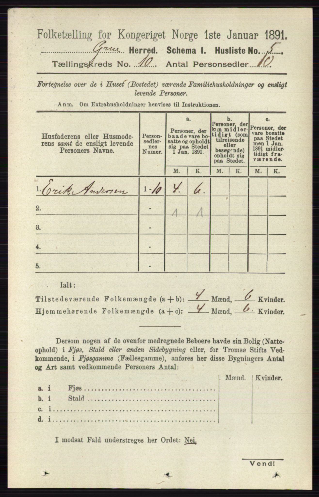 RA, 1891 census for 0423 Grue, 1891, p. 5296