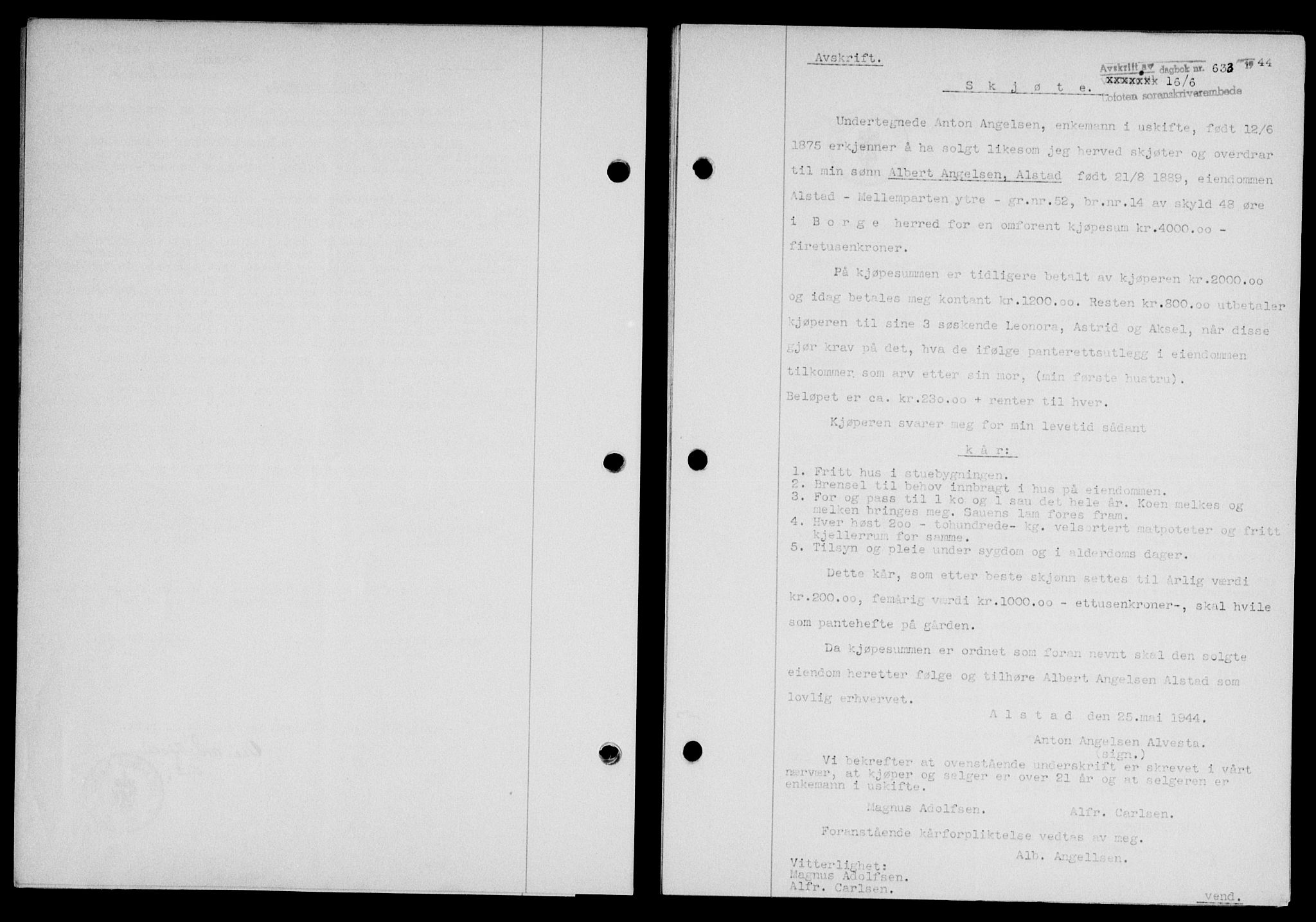 Lofoten sorenskriveri, SAT/A-0017/1/2/2C/L0012a: Mortgage book no. 12a, 1943-1944, Diary no: : 633/1944
