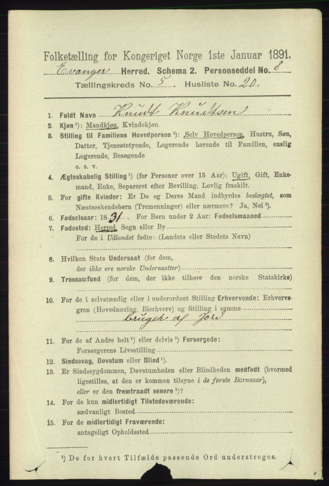 RA, 1891 census for 1237 Evanger, 1891, p. 1517