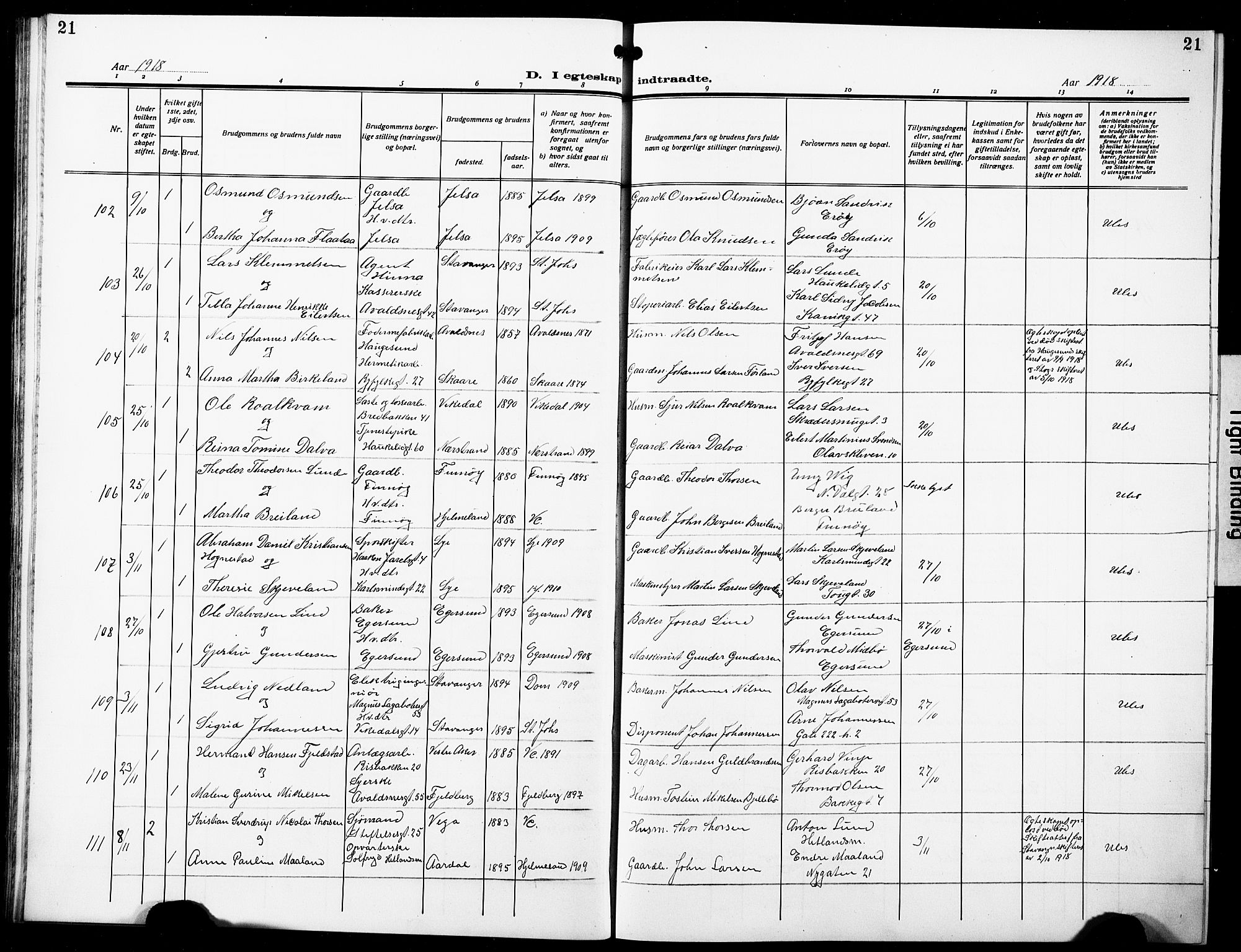 St. Johannes sokneprestkontor, AV/SAST-A-101814/001/30/30BB/L0007: Parish register (copy) no. B 7, 1917-1932, p. 21