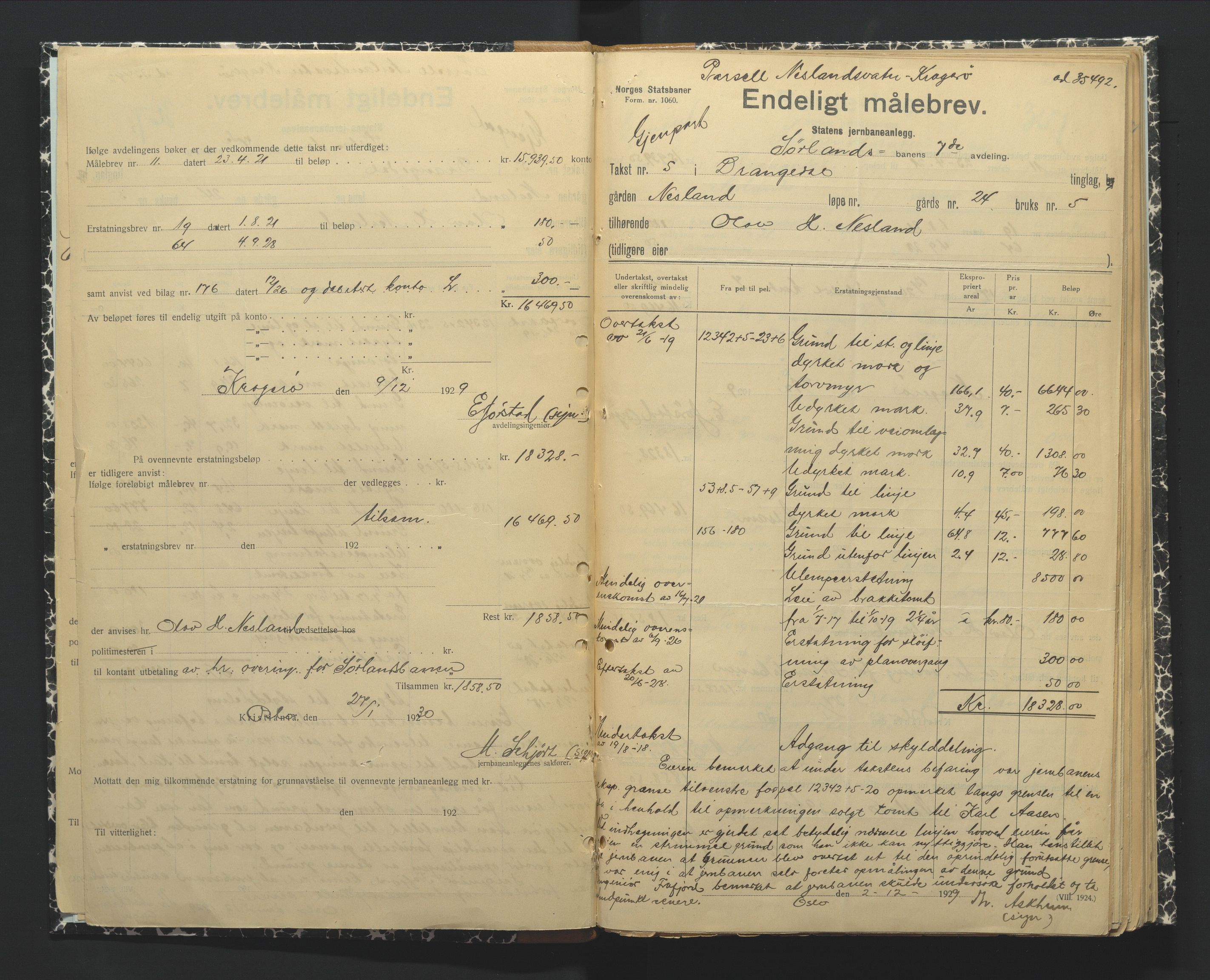 NSB Baneavdelingen, AV/SAK-1821-0004/F/Fc/Fch/L0249/0002: Grunnerstatninger, målebrev / Endelige måle- og rentebrev for Kragerølinja, 1928-1930