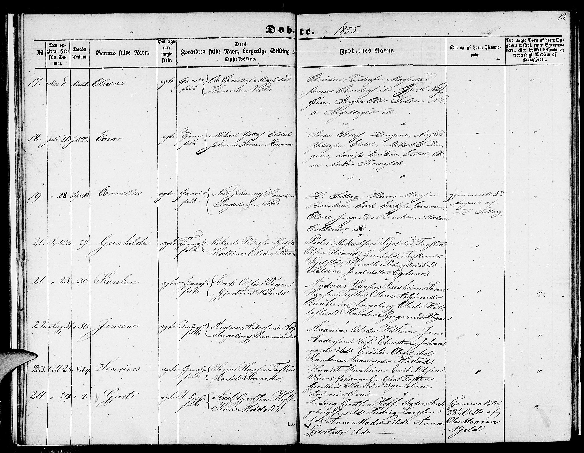 Gaular sokneprestembete, AV/SAB-A-80001/H/Hab: Parish register (copy) no. C 1, 1853-1877, p. 13