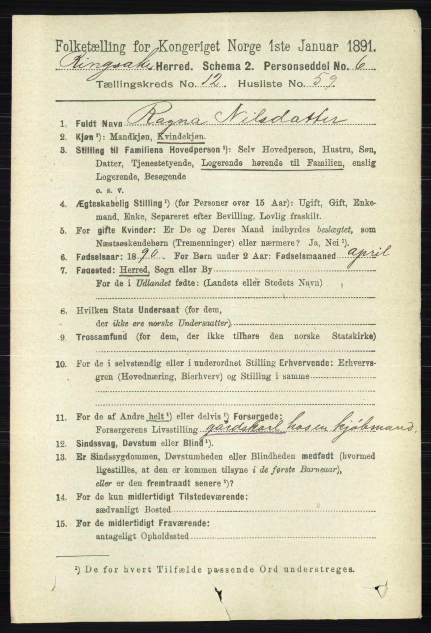 RA, 1891 census for 0412 Ringsaker, 1891, p. 7095