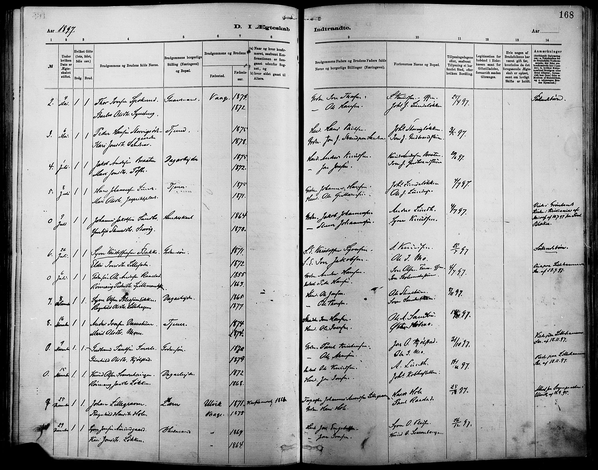 Vågå prestekontor, SAH/PREST-076/H/Ha/Haa/L0009: Parish register (official) no. 9, 1886-1904, p. 168