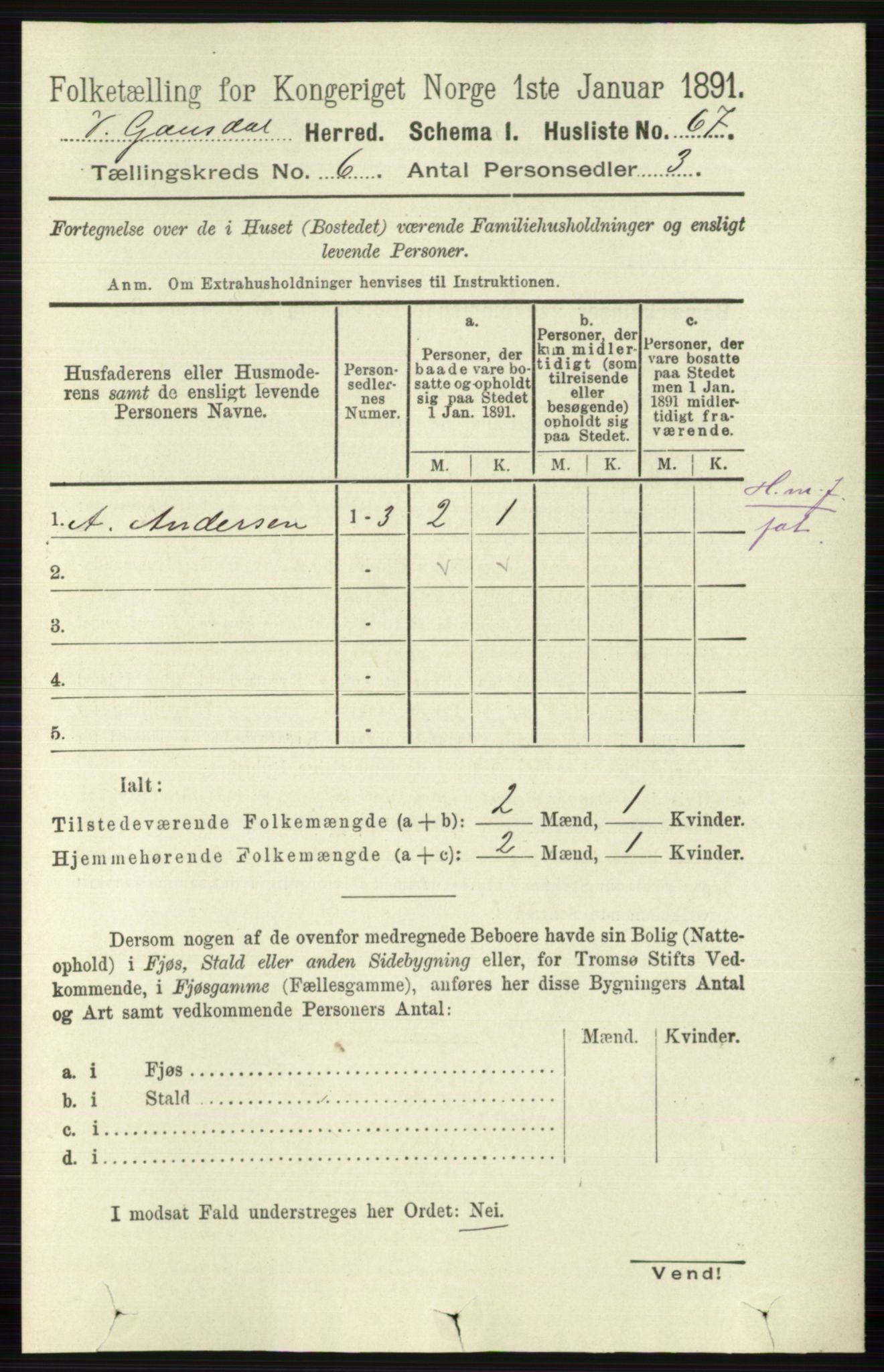 RA, 1891 census for 0523 Vestre Gausdal, 1891, p. 2546