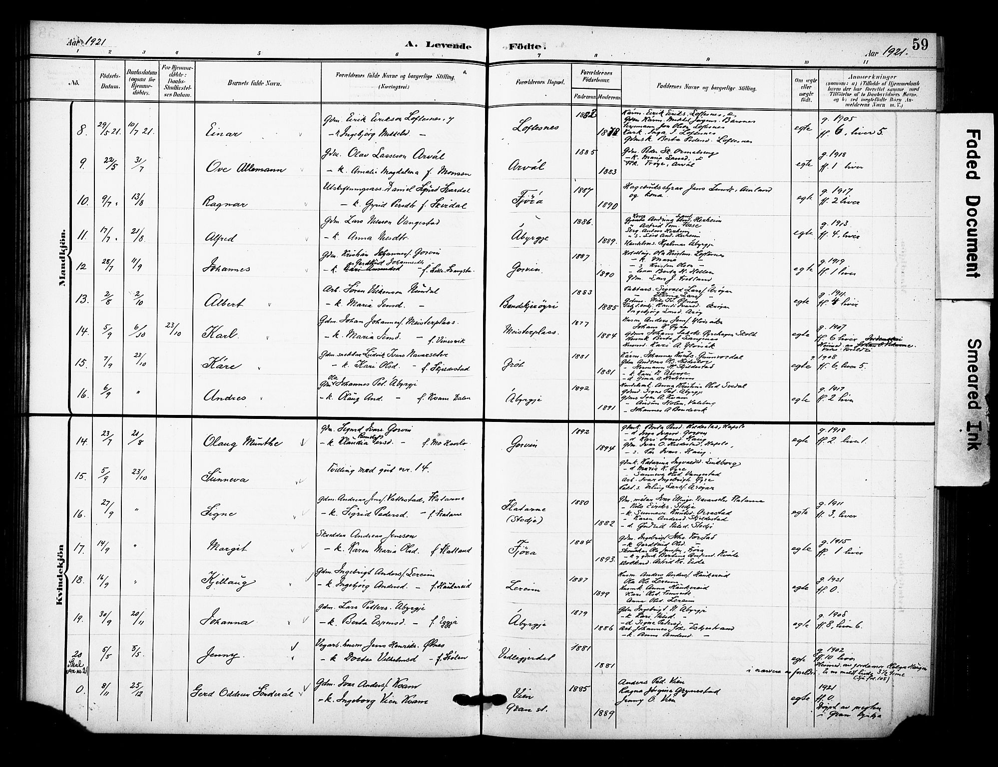 Sogndal sokneprestembete, AV/SAB-A-81301/H/Hab/Haba/L0002: Parish register (copy) no. A 2, 1908-1924, p. 59