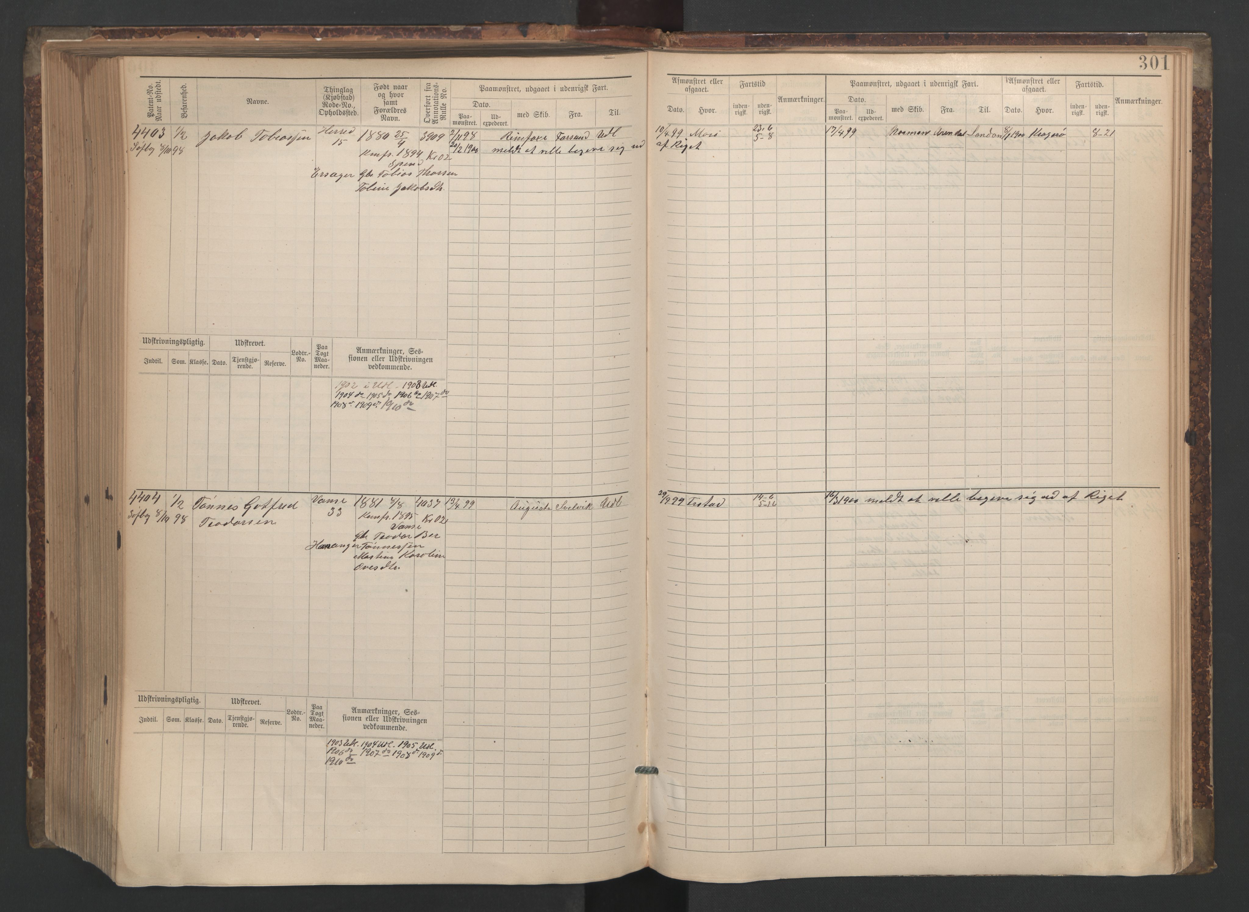 Farsund mønstringskrets, AV/SAK-2031-0017/F/Fb/L0006: Hovedrulle nr 3805-4478, M-9, 1890-1930, p. 302