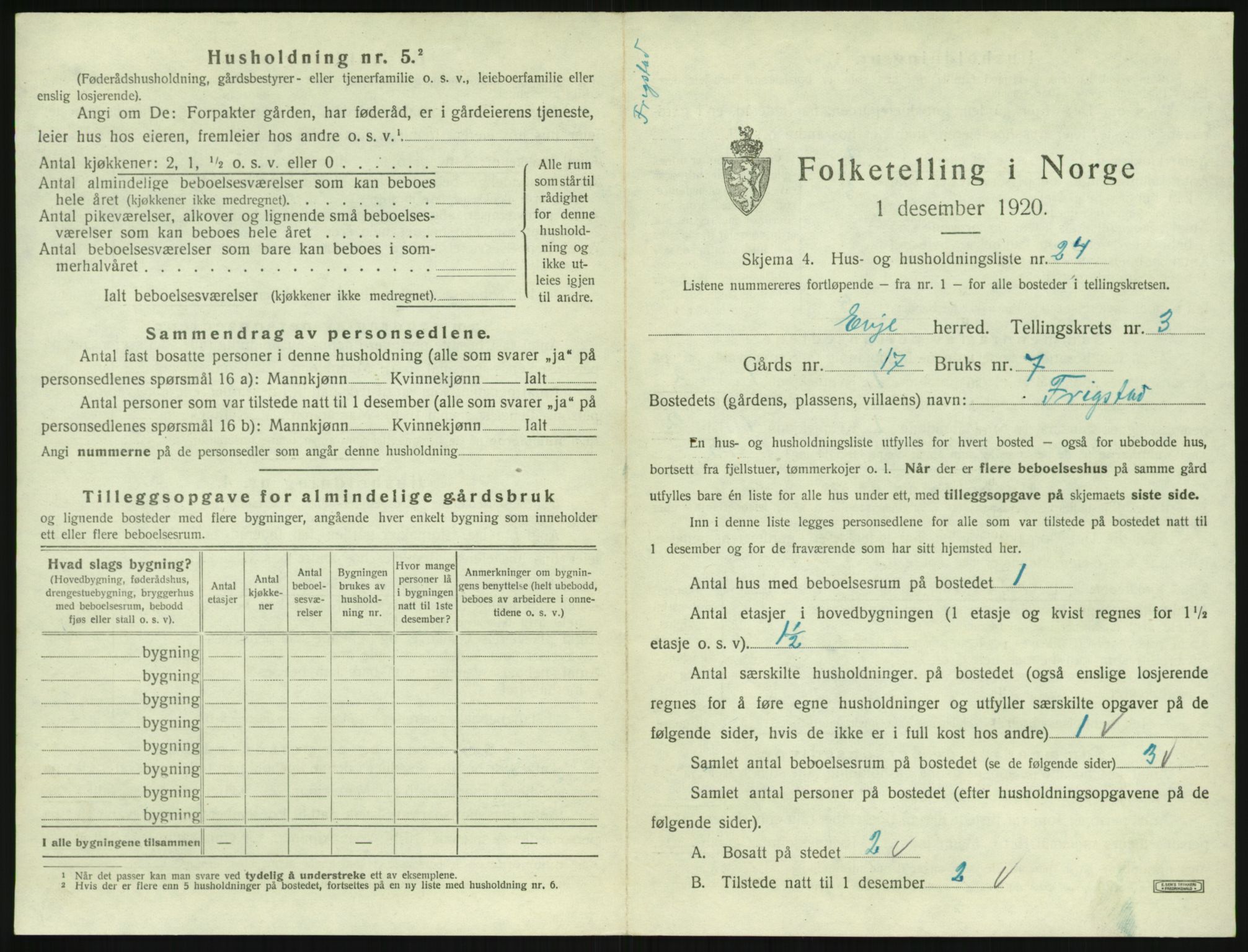 SAK, 1920 census for Evje, 1920, p. 152