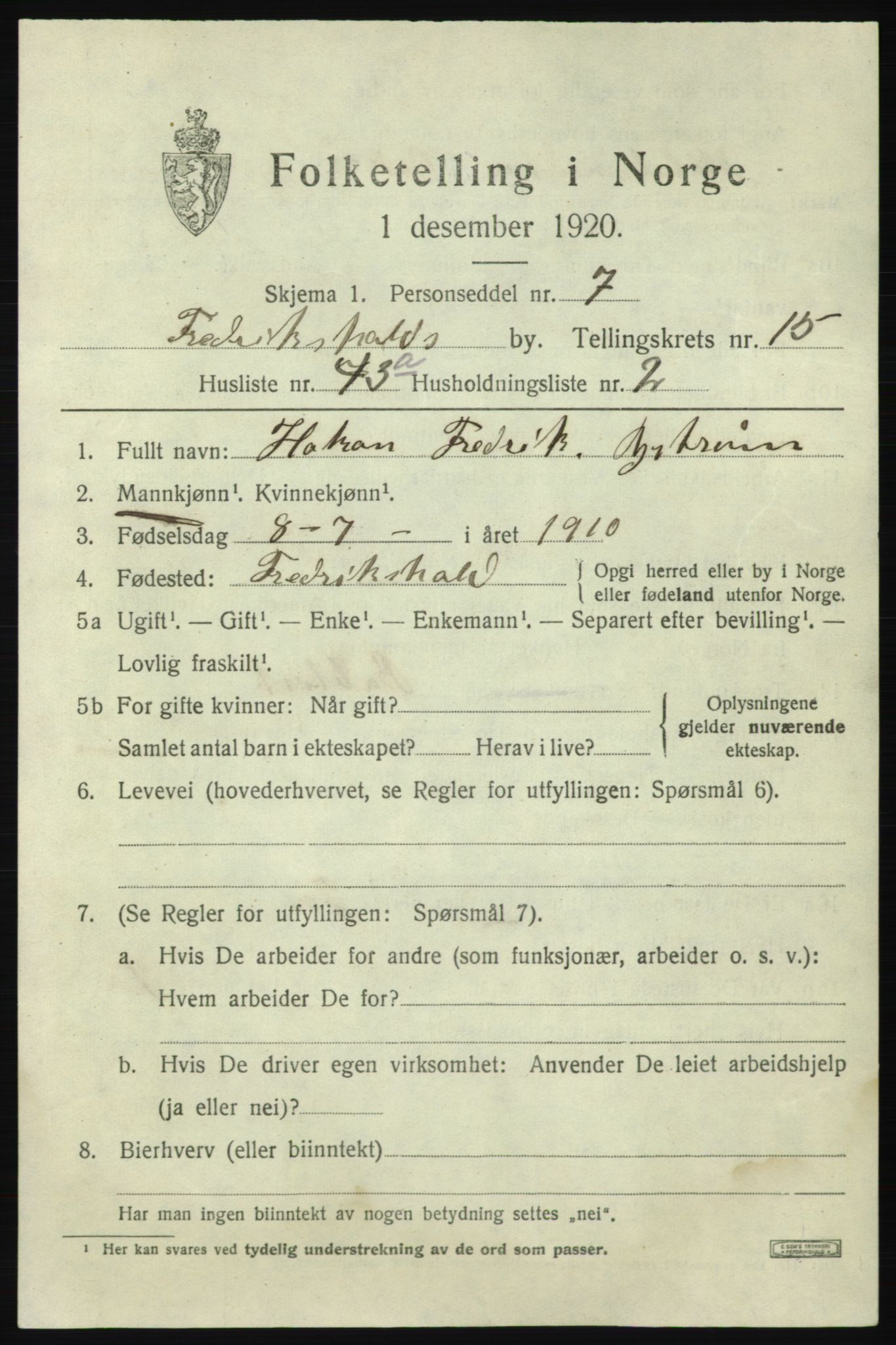 SAO, 1920 census for Fredrikshald, 1920, p. 24202